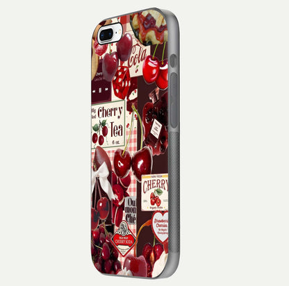 Aesthetic Cherry Tea Glass Case for iPhone 16 Pro side-angle image showing cherry collage print, camera module, and glossy finish reflection