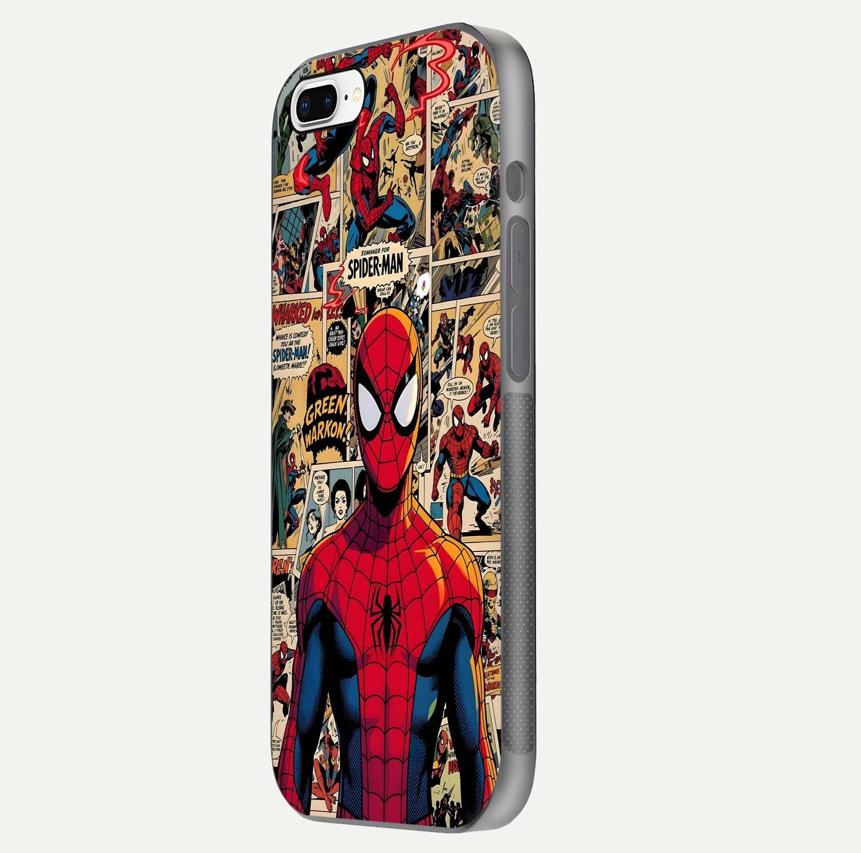 Aesthetic Spider Man Glass Case for iPhone 16 Pro side-angle image showing superhero comic print, camera module, and glossy finish reflection