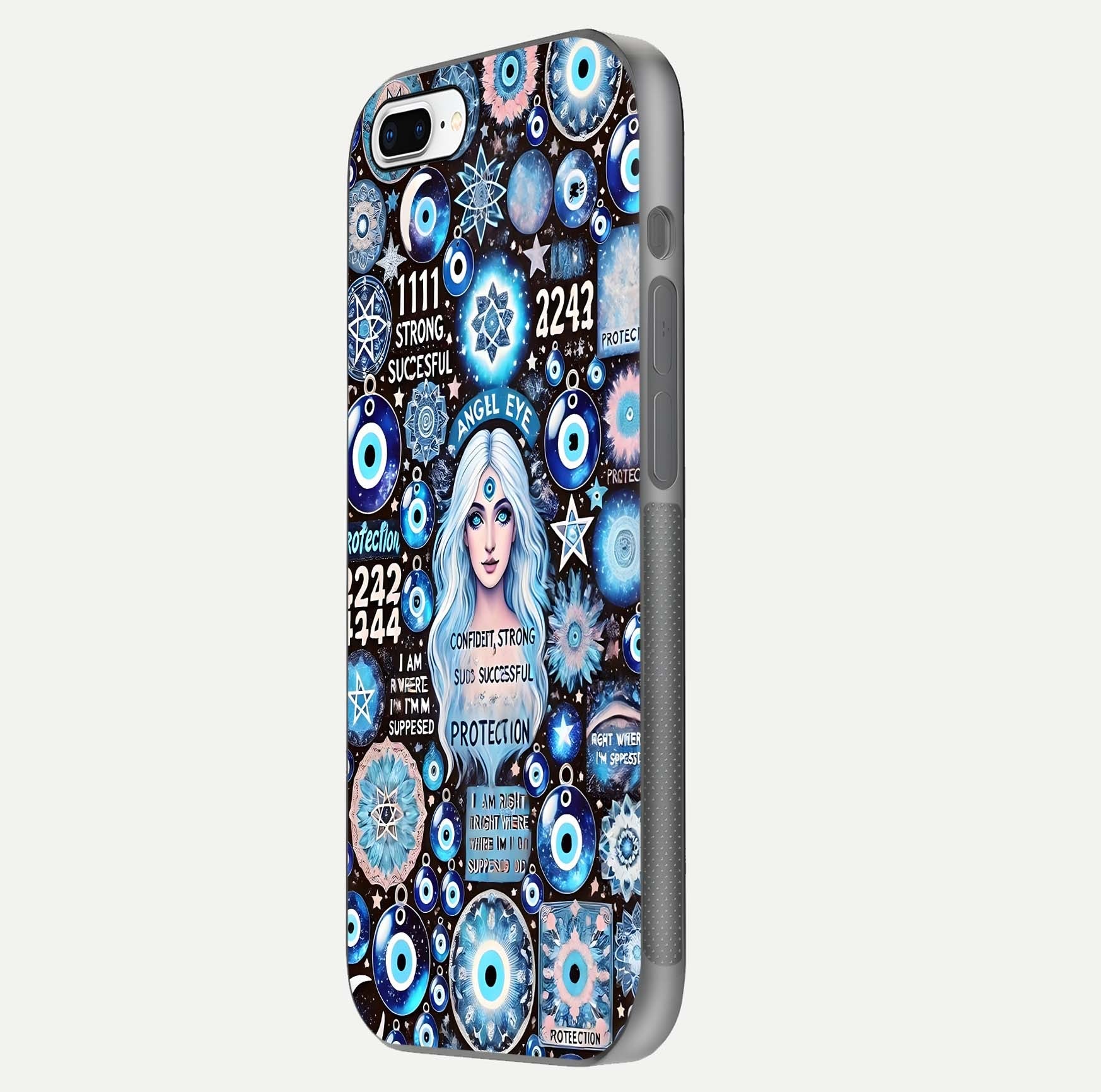 Angel Aura Shield Glass Case for iPhone 16 Pro side-angle photo showcasing aura details and glossy surface reflection