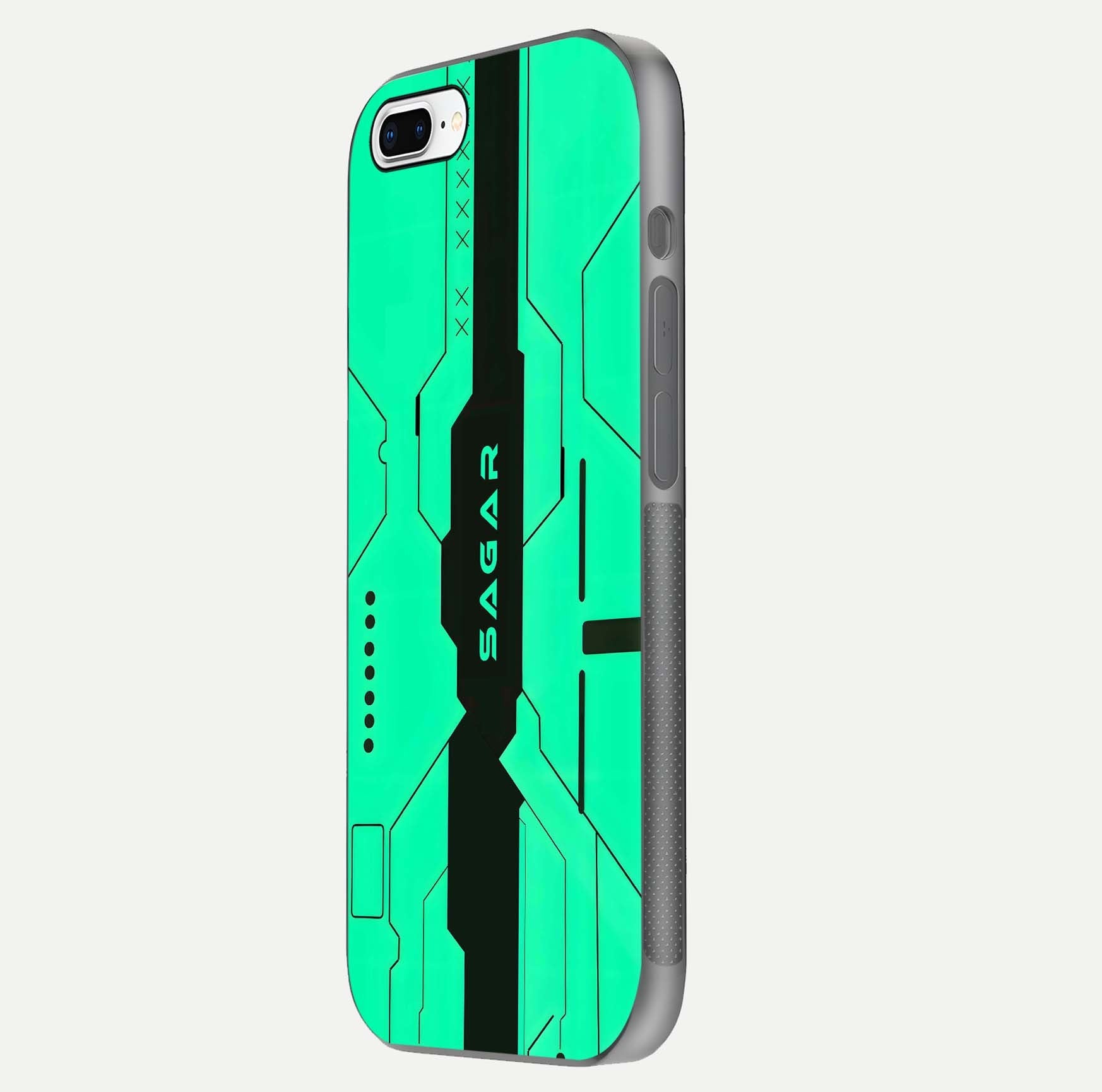 Aqua Tech CYBERPUNK Custom Name Glass Case for iPhone 16 Pro side-angle image with glowing edges and glossy surface