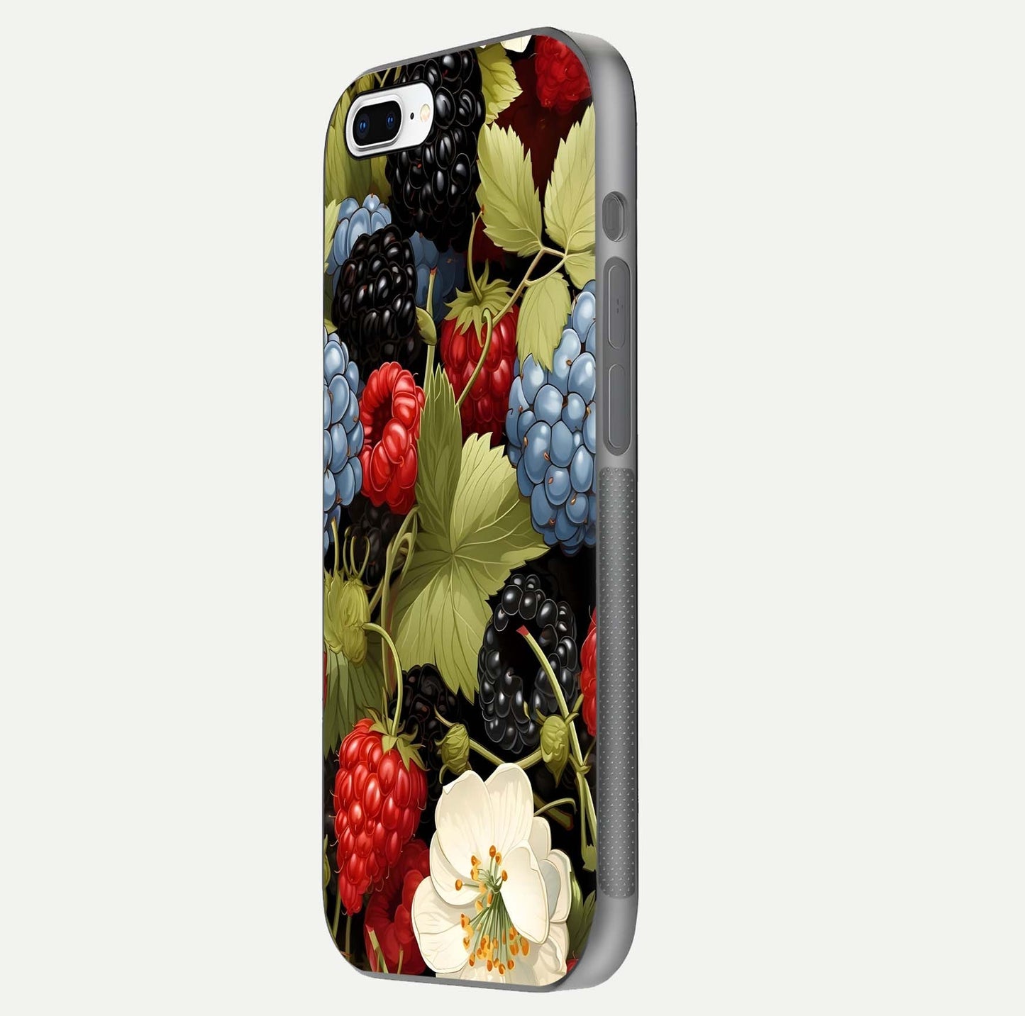 Berry Bloom Charm Glass Case for iPhone 7 Plus side-angle image showing floral texture and high-definition print gloss