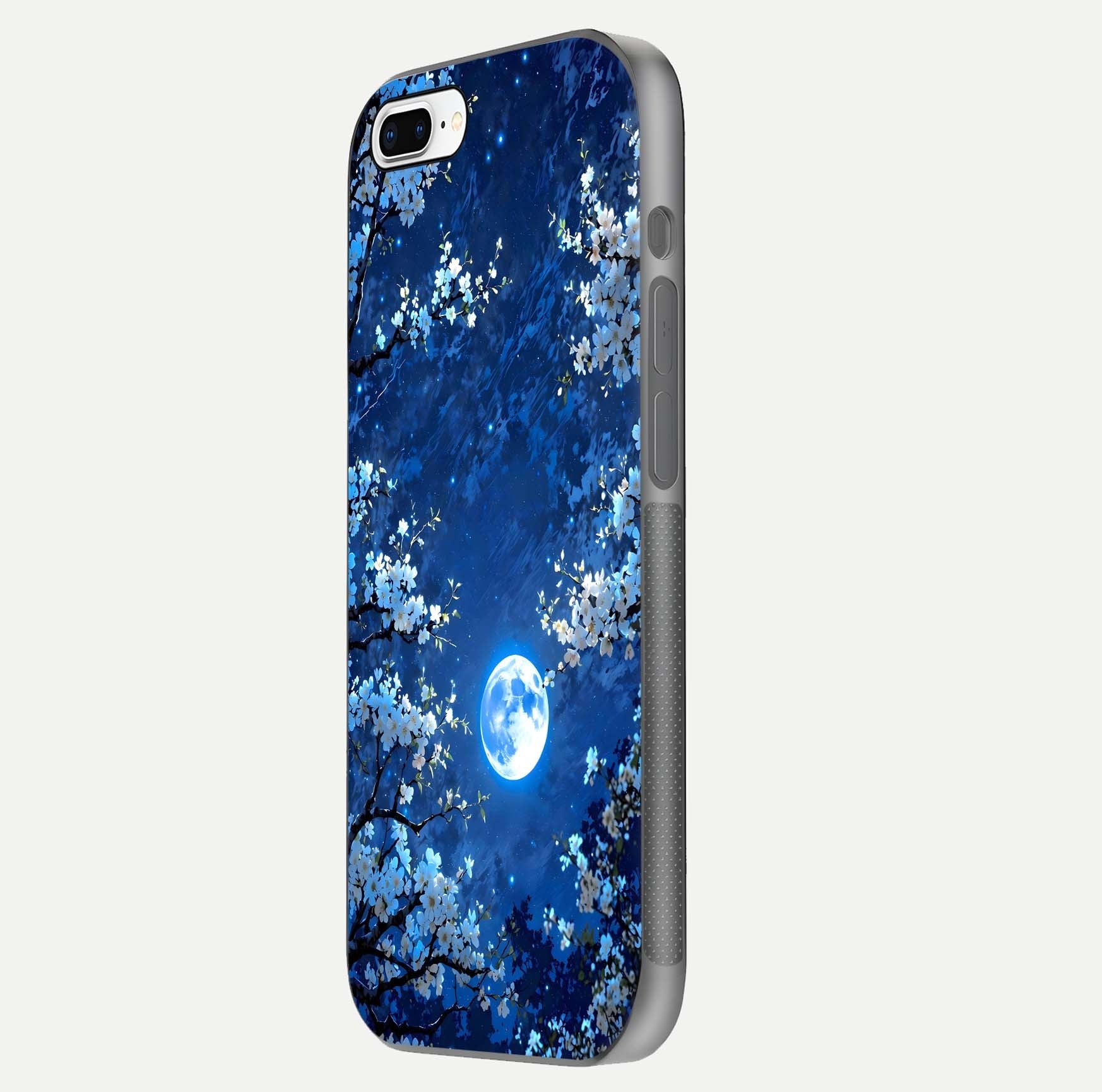 Blossom Moonlight Sky Glass Case for iPhone 16 Pro side-angle view emphasizing moonlight tones and protective edge