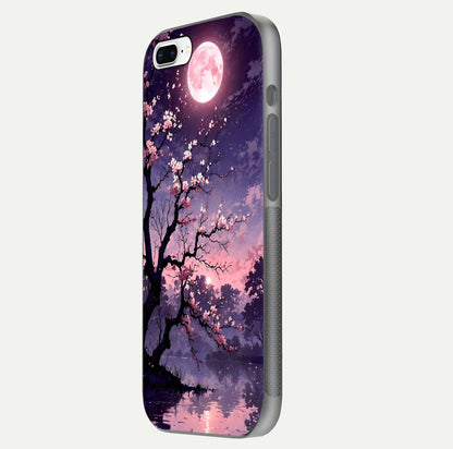 Blossom Pink Moon Glass Case for iPhone 7 Plus side-angle image showing glossy curve and floral-moon balance