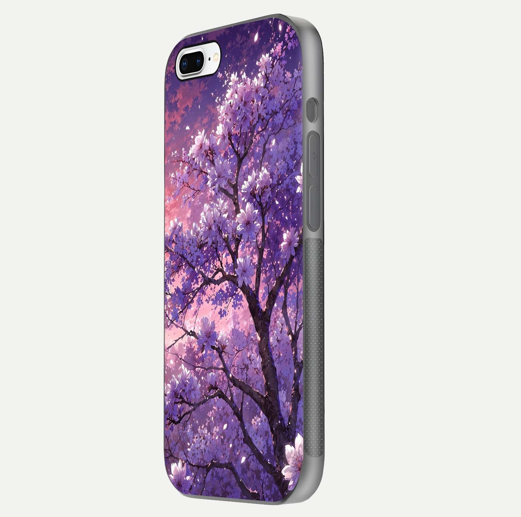 Blossom Tree Glass Case for iPhone 7 Plus side-angle image showing floral tree artwork and reflection gloss