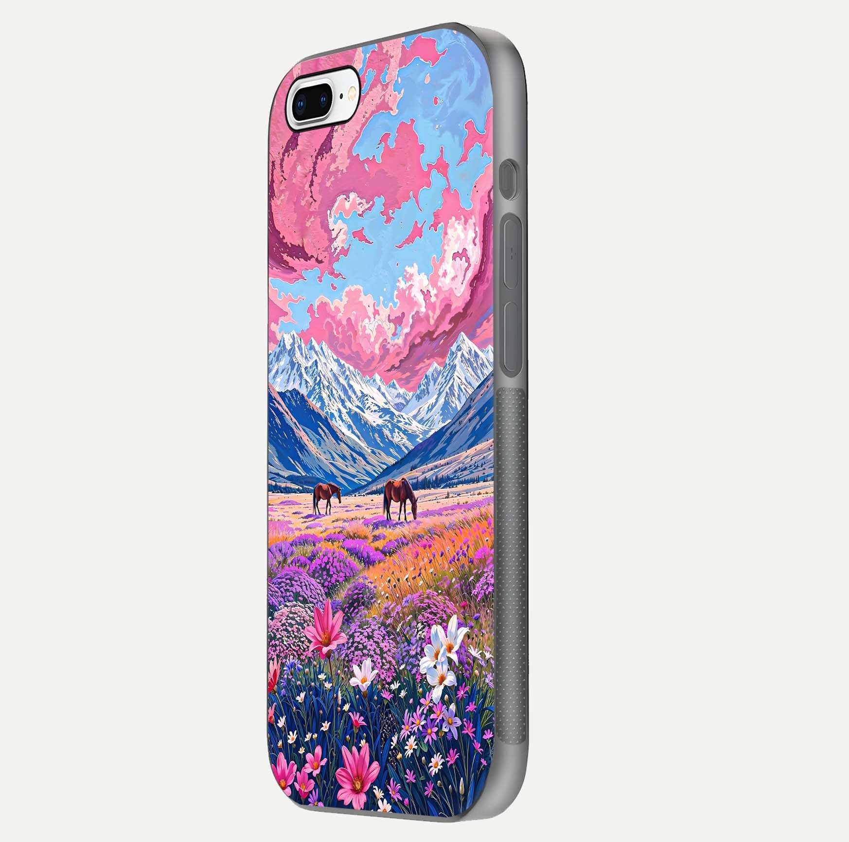 Blossom Valley Dream Glass Case for iPhone 16 Pro side-angle shot showcasing bloom tones and gloss texture