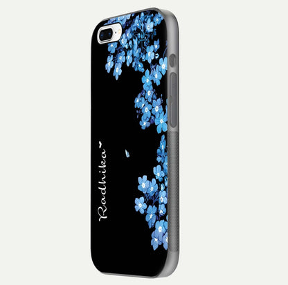 Blue Petal Dream Custom Name Glass Case for iPhone 16 Pro side-angle image showing name print clarity and smooth gloss