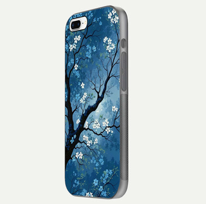 Blue Tree Serenity Glass Case for iPhone 7 Plus side-angle shot showing glossy edge and tree pattern reflection