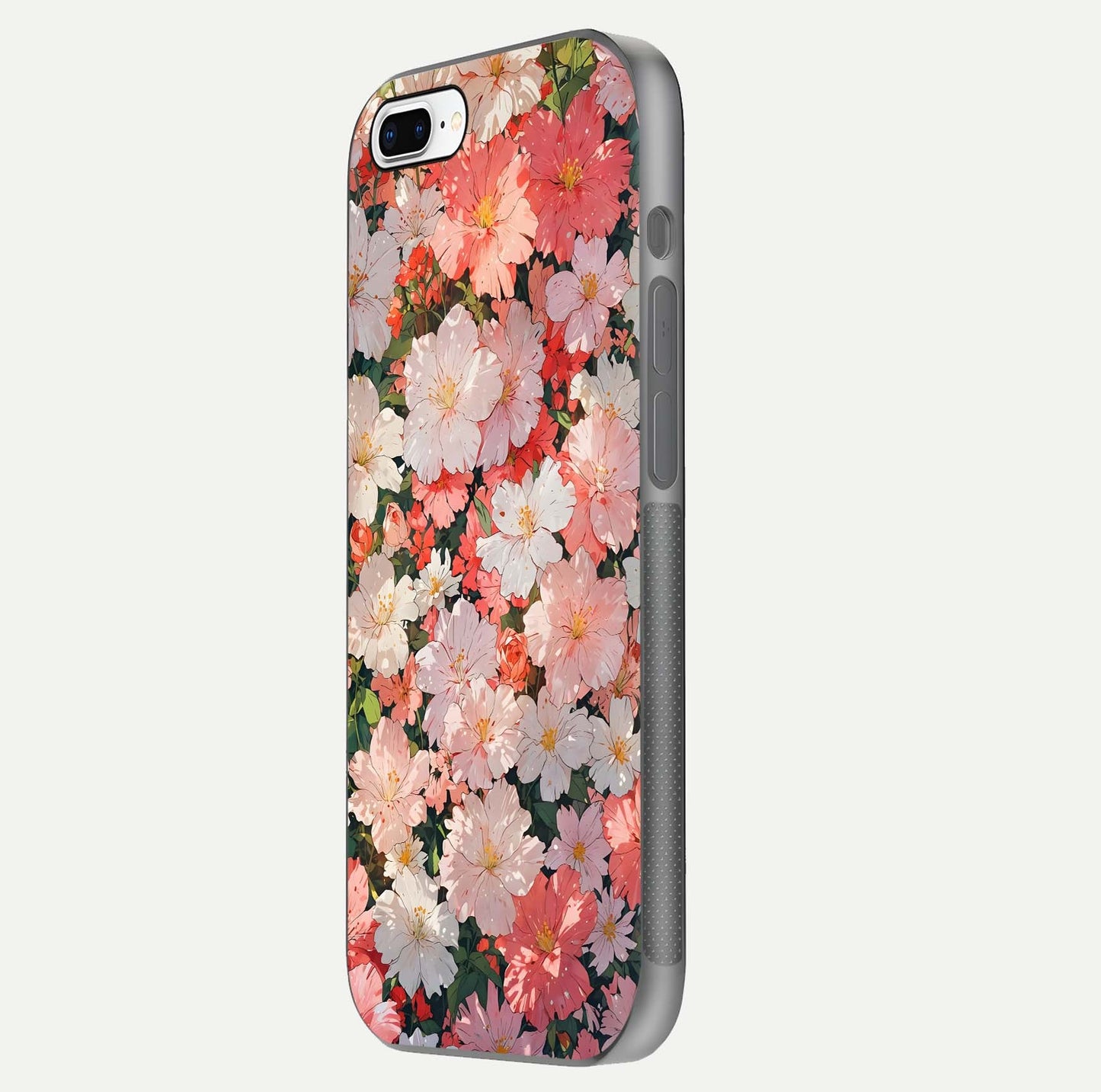 Blush Bloom Field Glass Case for iPhone 7 Plus side-angle image showing petal pattern gloss and smooth edges