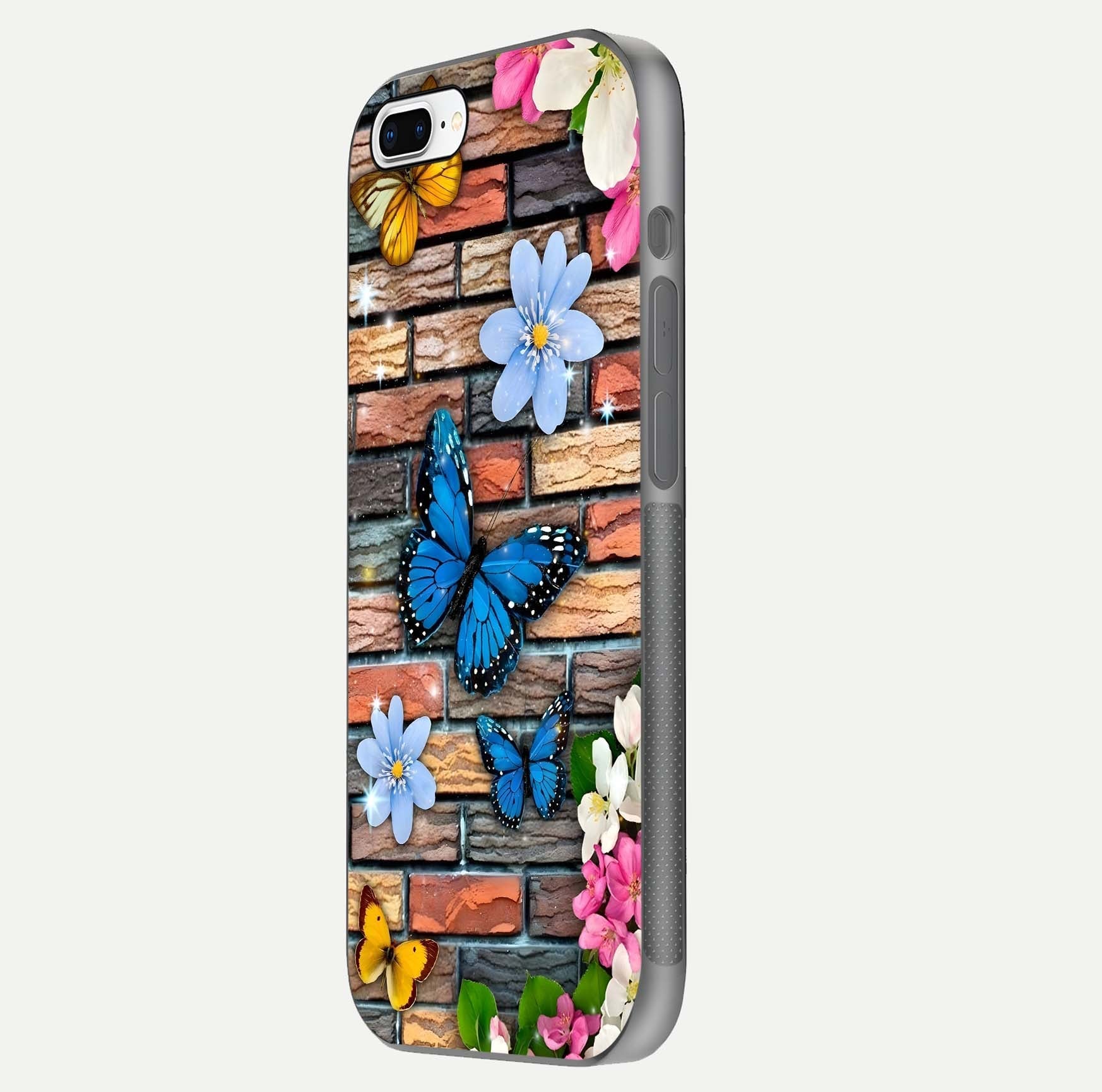 Brick Bloom Flight Glass Case for iPhone 7 Plus side-angle photo showing curve shine and detailed petal contrast