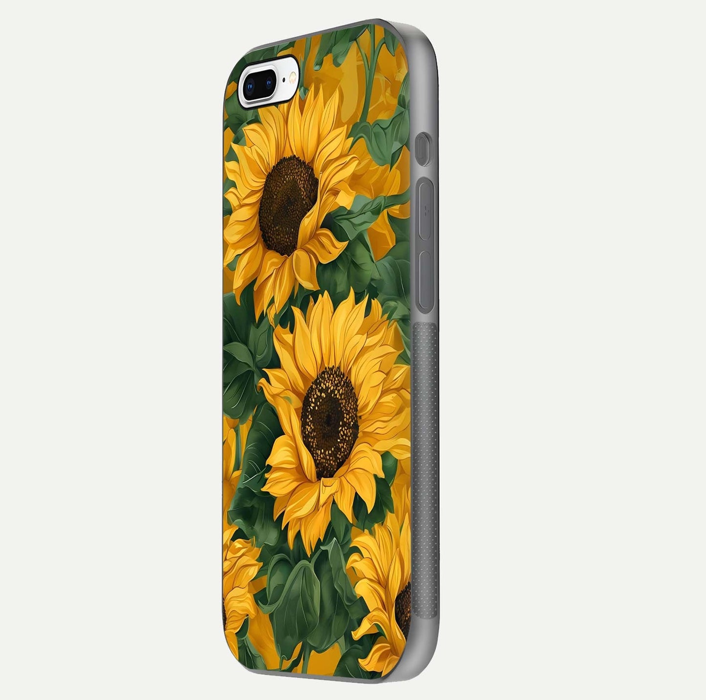 Bright Sunflower Bloom Glass Case for iPhone 7 Plus side-angle image showing shine texture and detailed bloom