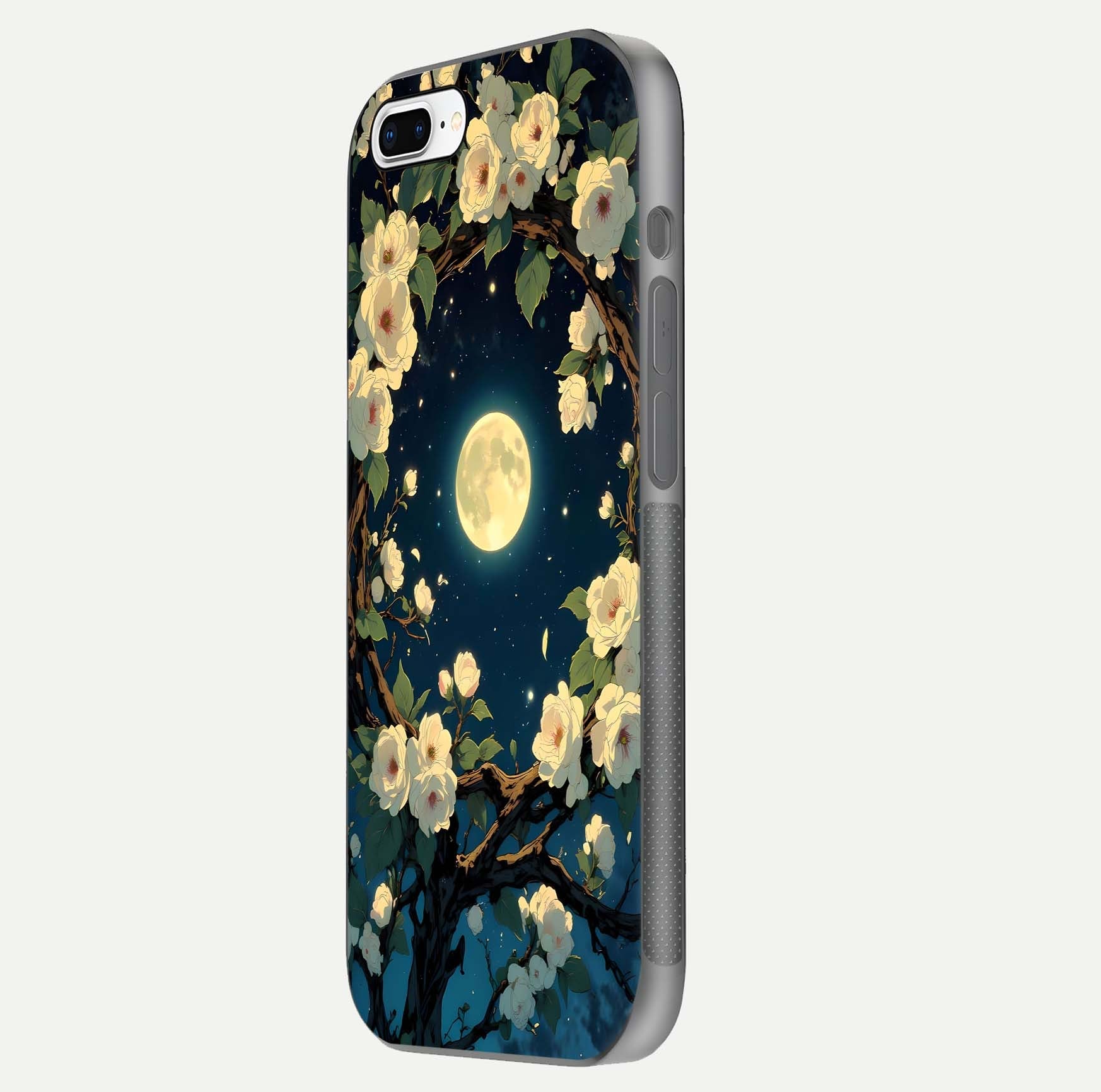 Celestial Moon & Flower Glass Case for iPhone 7 Plus side-angle image showing edge smoothness and glow reflection