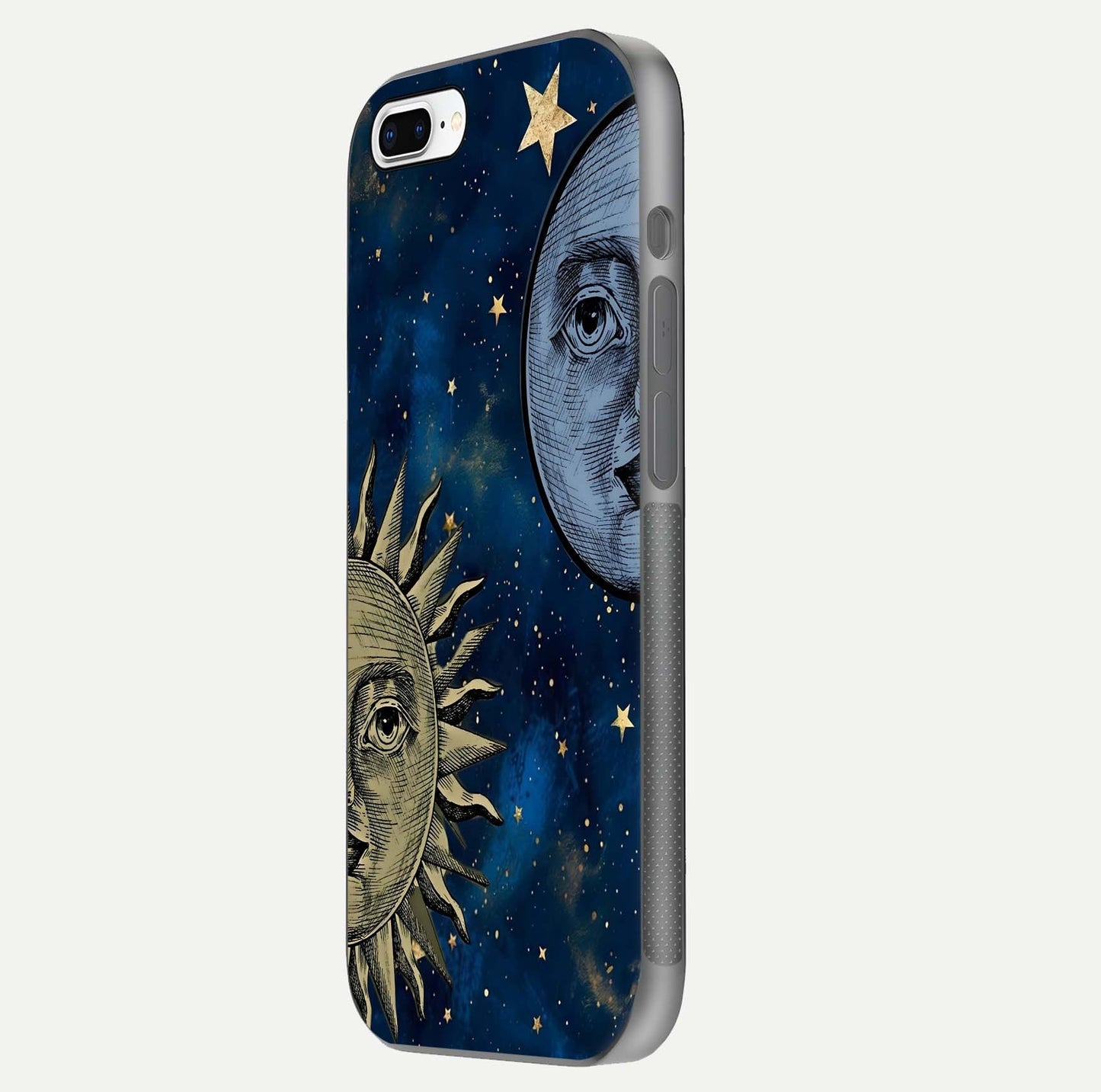 Celestial Moon With Sun Glass Case for iPhone 7 Plus side-angle image showing reflection tones and cosmic edge