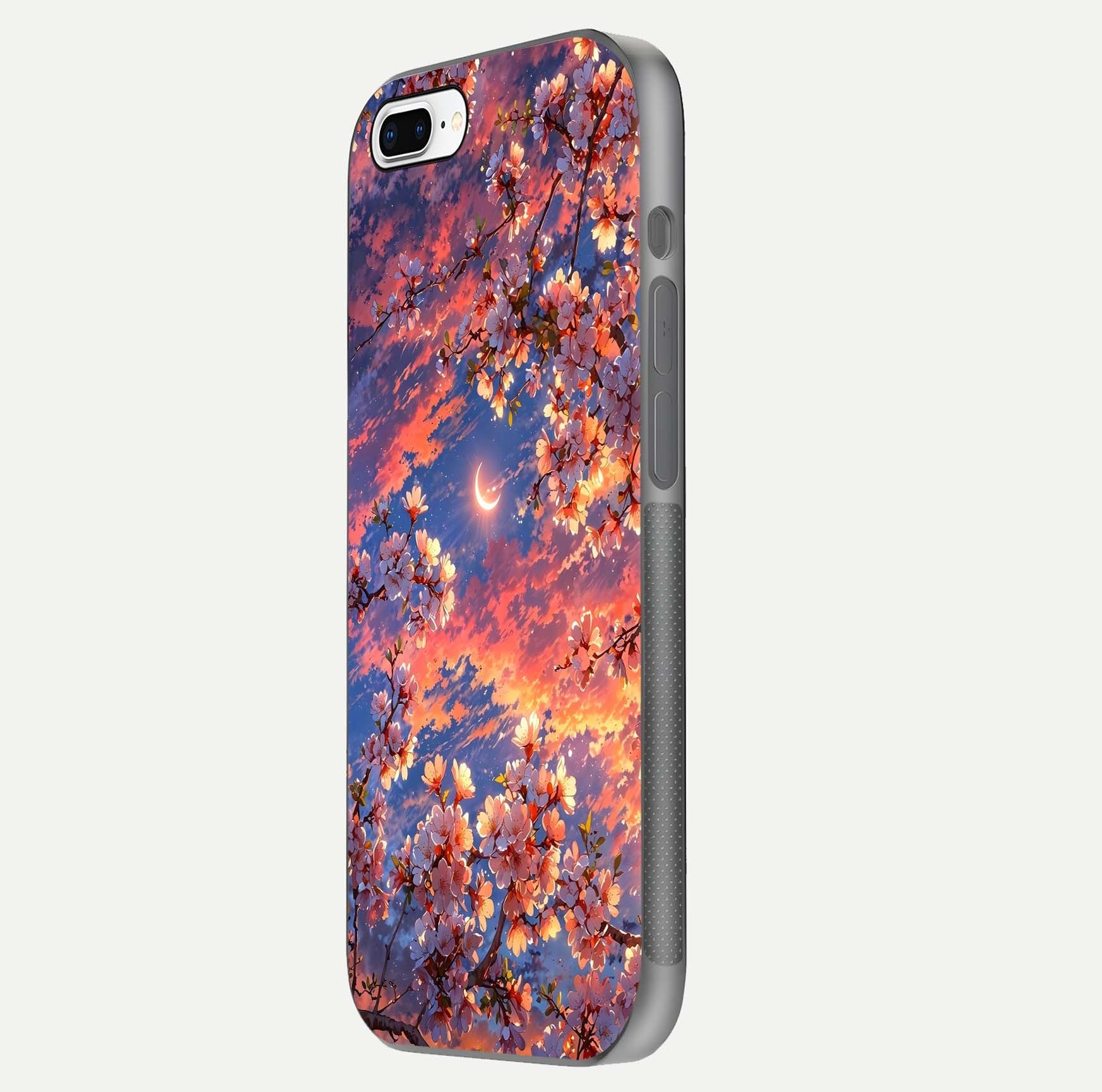 Celestial Sakura Sunset Glass Case for iPhone 7 Plus side-angle image showing edge glow and petal texture