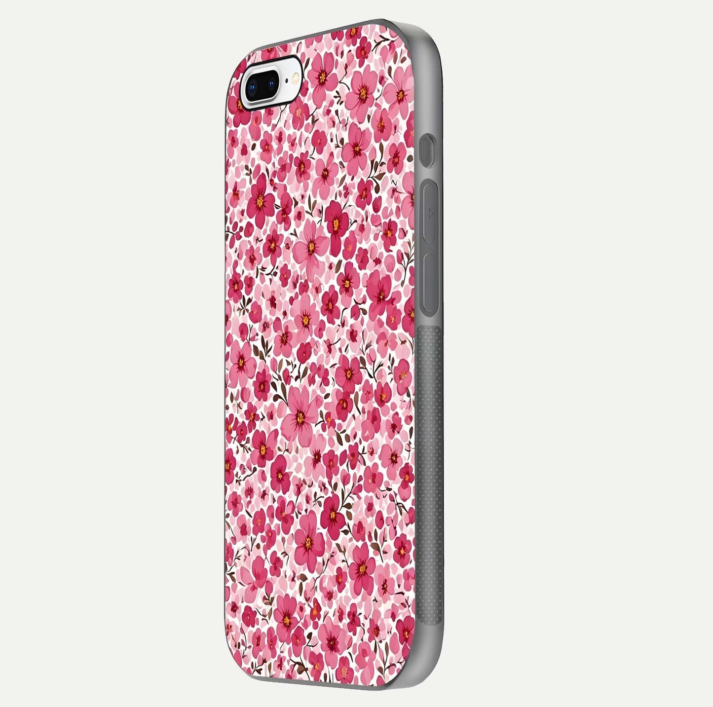 Cherry Blossom Charm Glass Case for iPhone 7 Plus side-angle image showing reflection gloss and soft texture