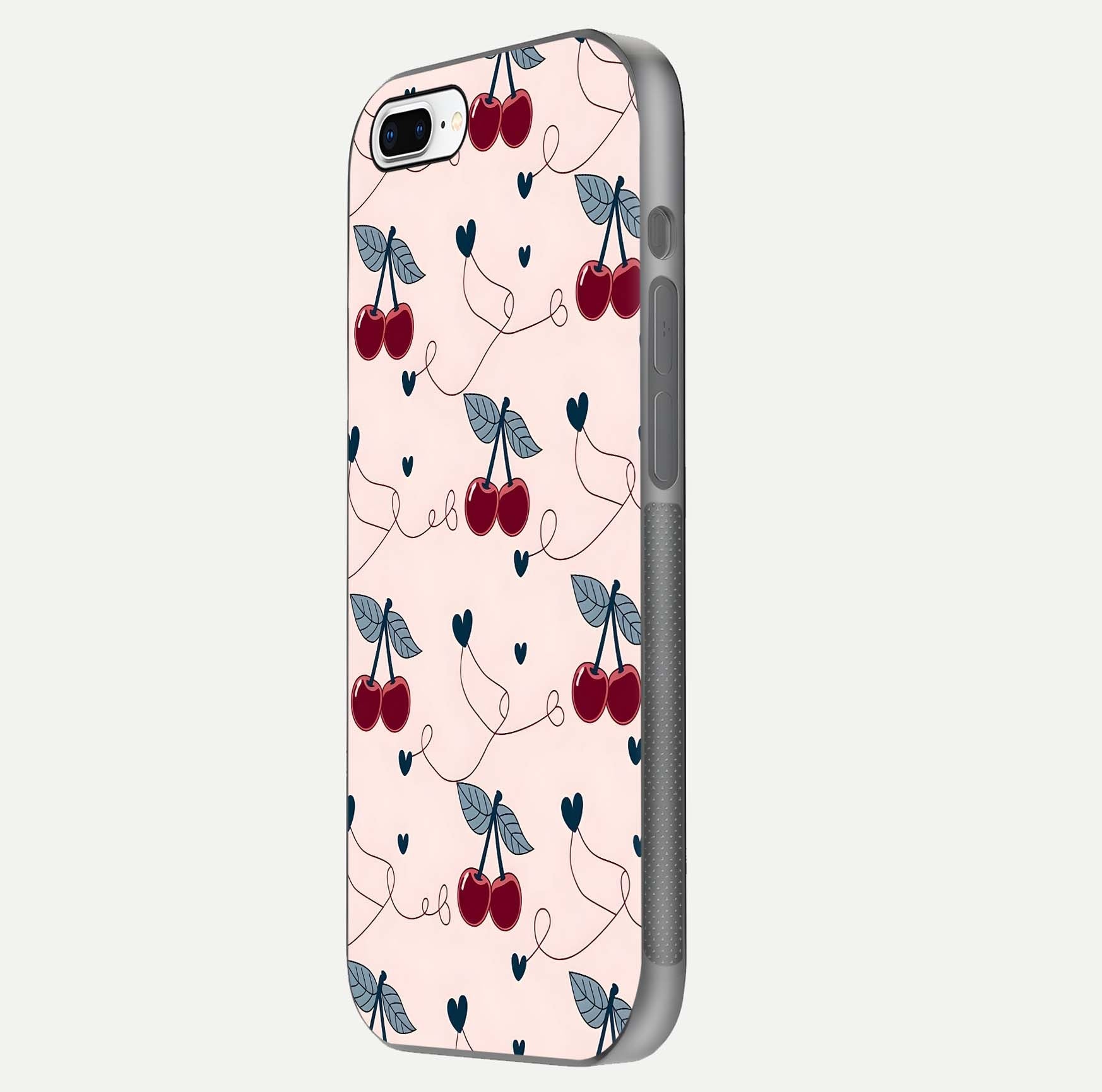Cherry Heart Line Glass Case for iPhone 7 Plus side-angle view capturing smooth curves and shine effect