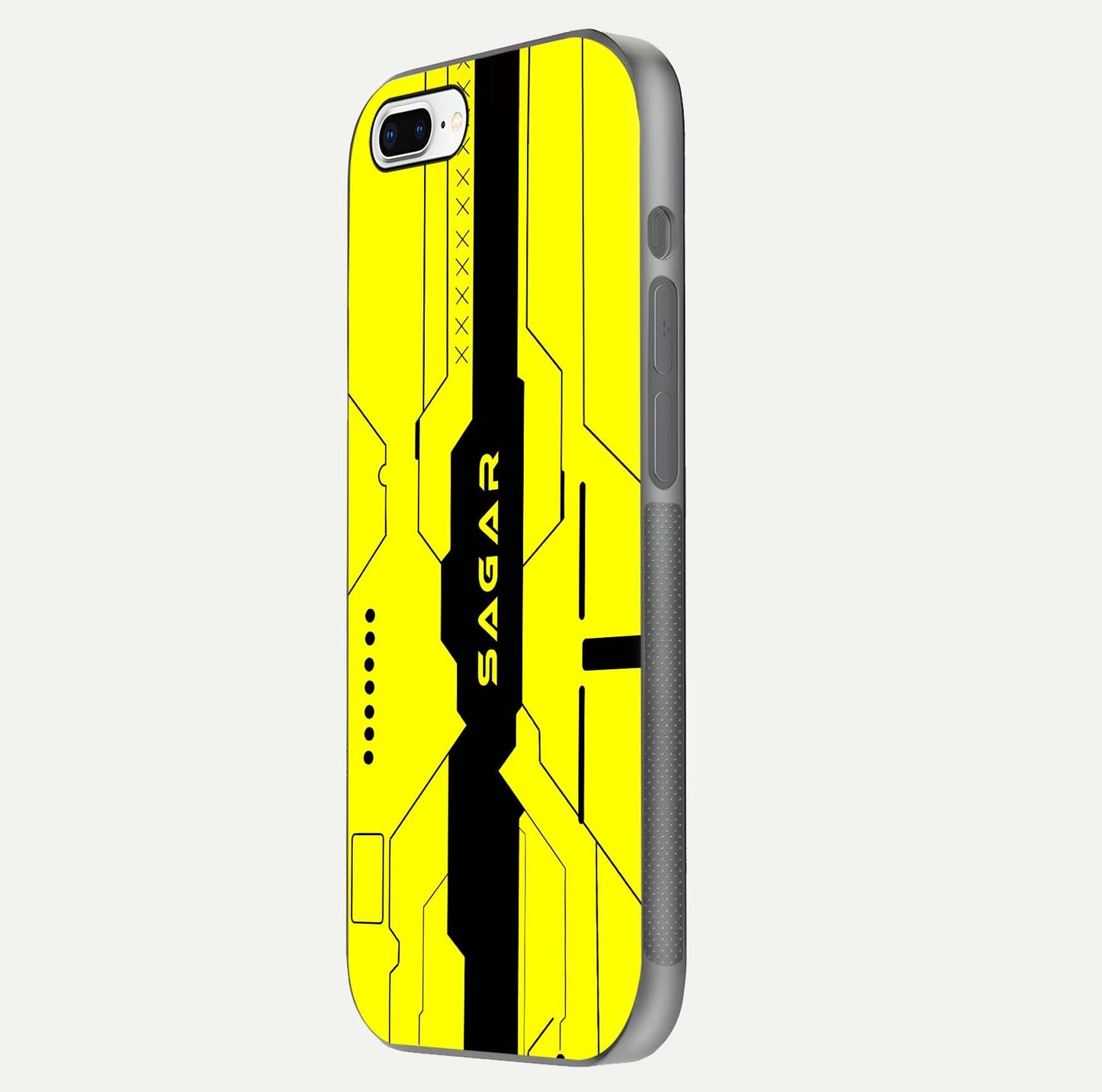 Circuit CYBERPUNK Custom Name Glass Case for iPhone 7 Plus side-angle image showing reflective finish and design precision