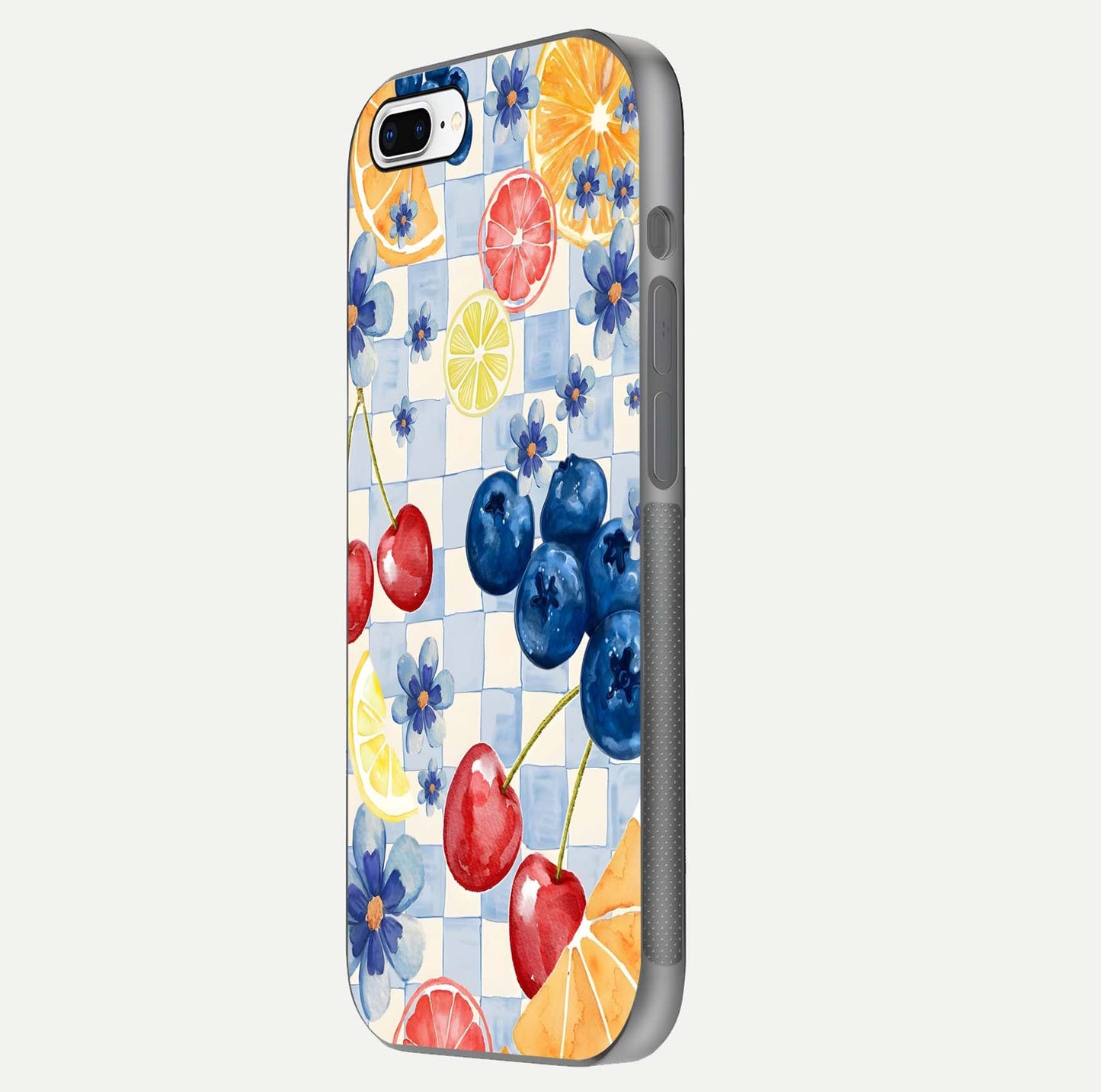 Citrus Bloom Joy Glass Case for iPhone 7 Plus side-angle photo capturing bright color and glass reflection
