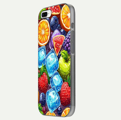 Colorful Fruits with Ice Glass Case for iPhone 7 Plus side-angle photo showing curve gloss and vivid tones