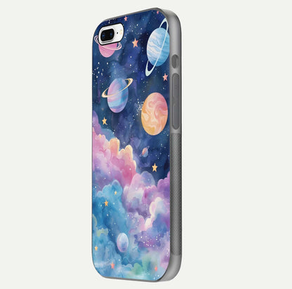 Cosmic Planet Dreams Glass Case for iPhone 7 Plus side-angle image showing texture clarity and shine