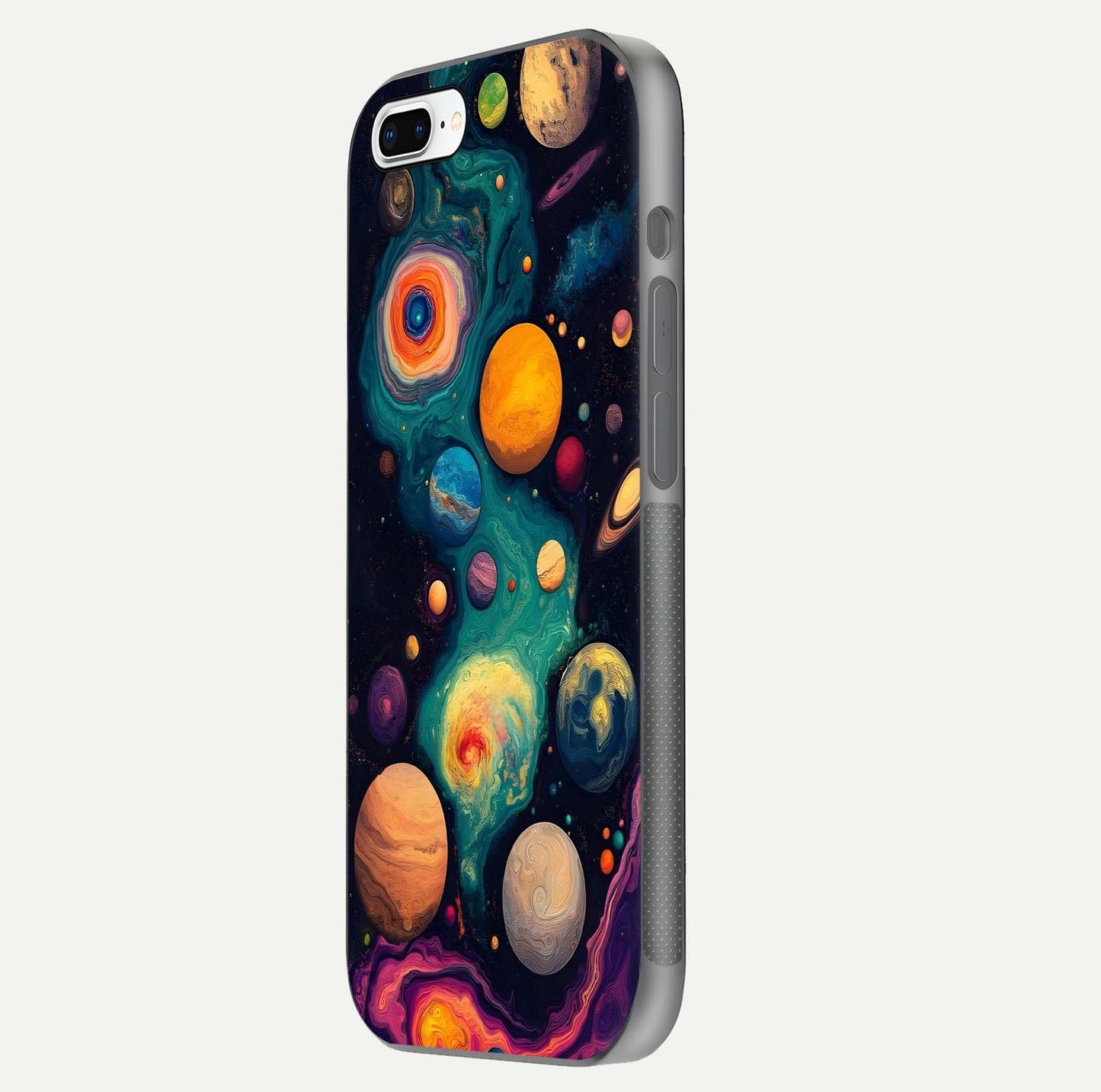 Cosmic Planet Journey Glass Case for iPhone 7 Plus side-angle image capturing smooth gloss and reflective edges