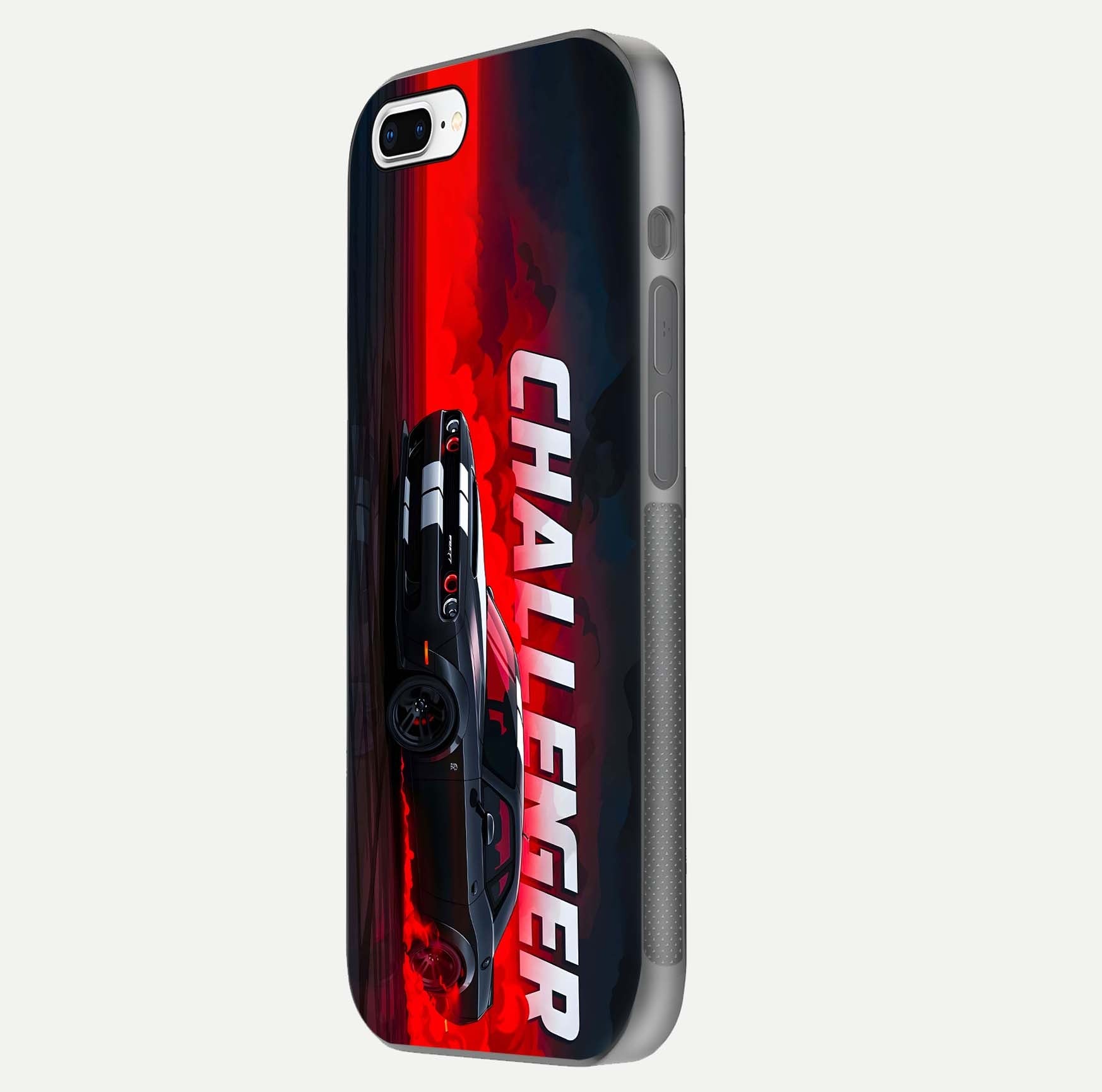 Crimson Challenger Fury Glass Case for iPhone 7 Plus side-angle image showing curve reflection and red finish