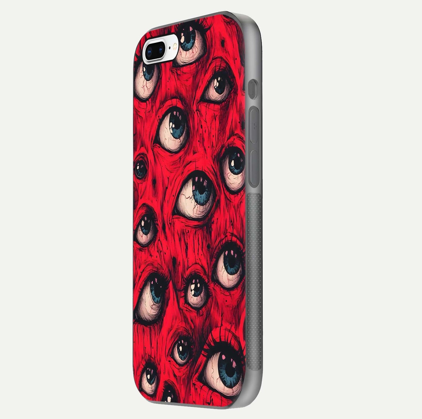 Crimson Watch Eyes Glass Case for iPhone 7 Plus side-angle photo showing reflection texture and shine