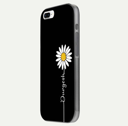 Custom Name White Flower Glass Case for iPhone 7 Plus side-angle photo showing reflection shine and name clarity