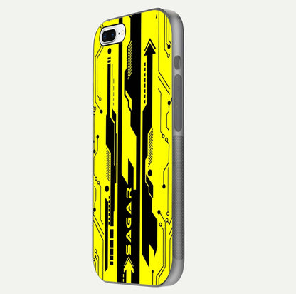 Electric Pulse CYBERPUNK Custom Name Glass Case for iPhone 7 Plus side-angle image showing glossy reflection and edge illumination