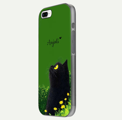 Emerald Cat Custom Name Glass Case for iPhone 7 Plus side-angle photo showing name clarity and glass reflection