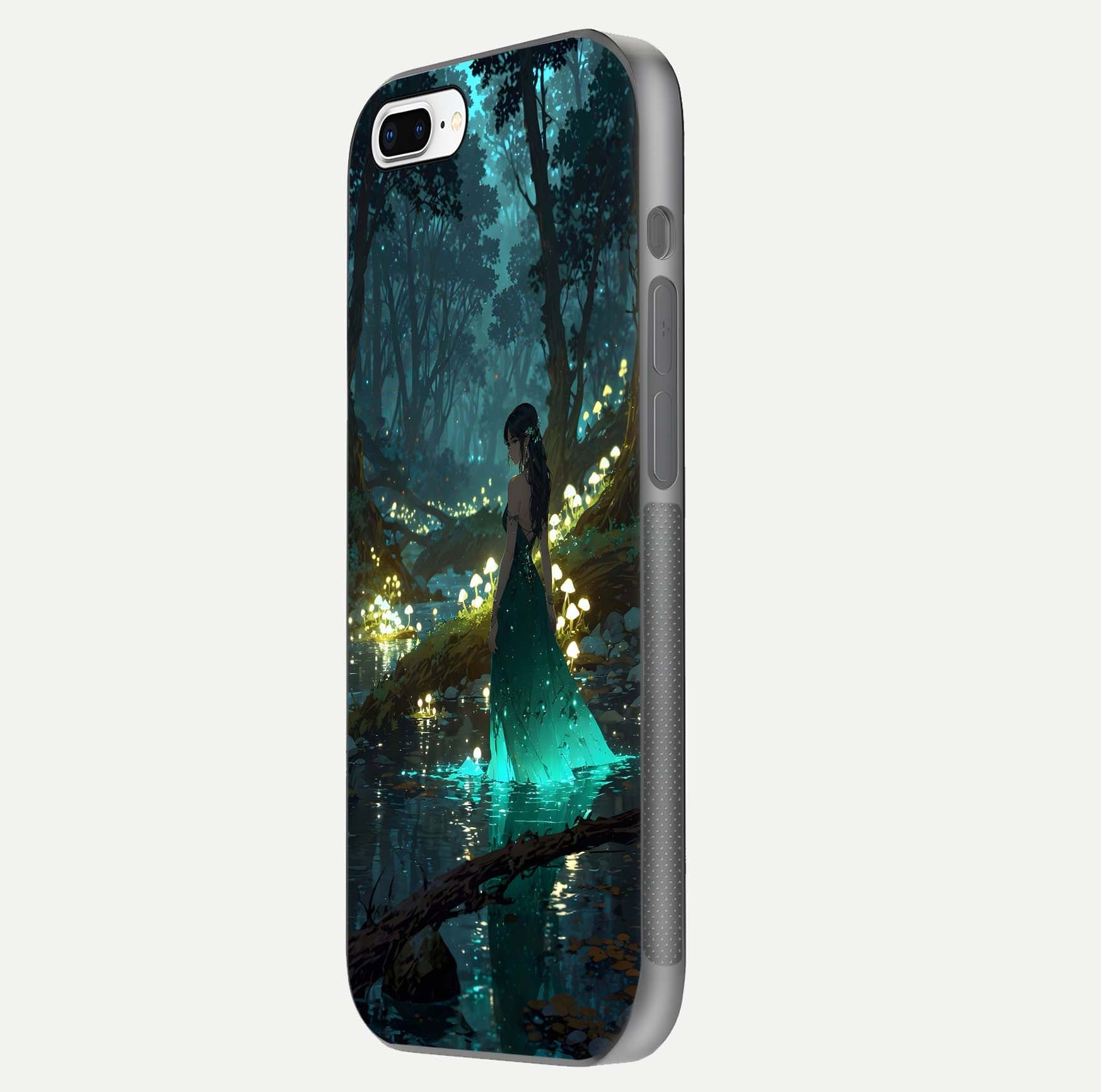 Enchanted Forest Glow Glass Case for iPhone 7 Plus side-angle image capturing shine reflection and rich detail