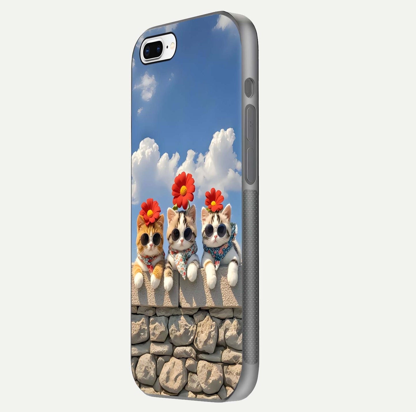 Floral Kitty Squad Glass Case for iPhone 7 Plus side-angle photo showing reflection glow and polished surface