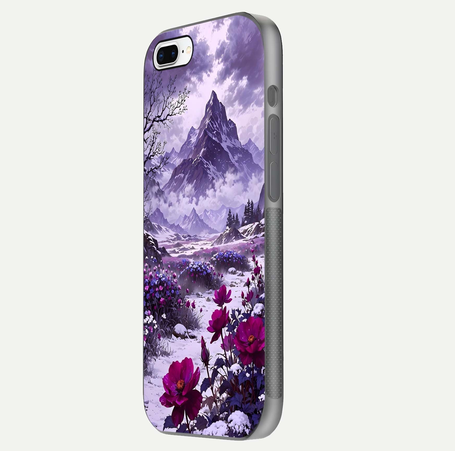 Flower Mountain View Glass Case for iPhone 7 Plus side-angle image showing gloss polish and smooth edge