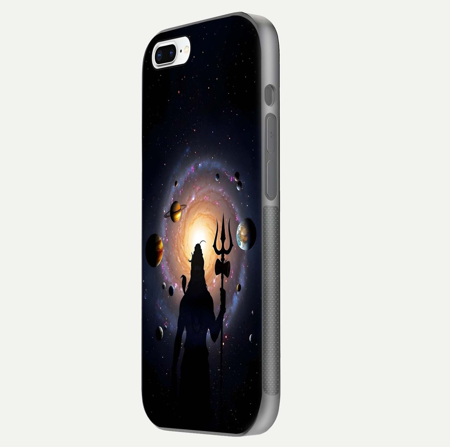 Galactic Shiva Vision Glass Case for iPhone 7 Plus side-angle image showing light reflection, glass edges, and spiritual cosmic theme