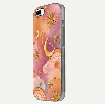 Golden Celestial Dreams Glass Case for iPhone 7 Plus side-angle image capturing reflection brightness and starry detail