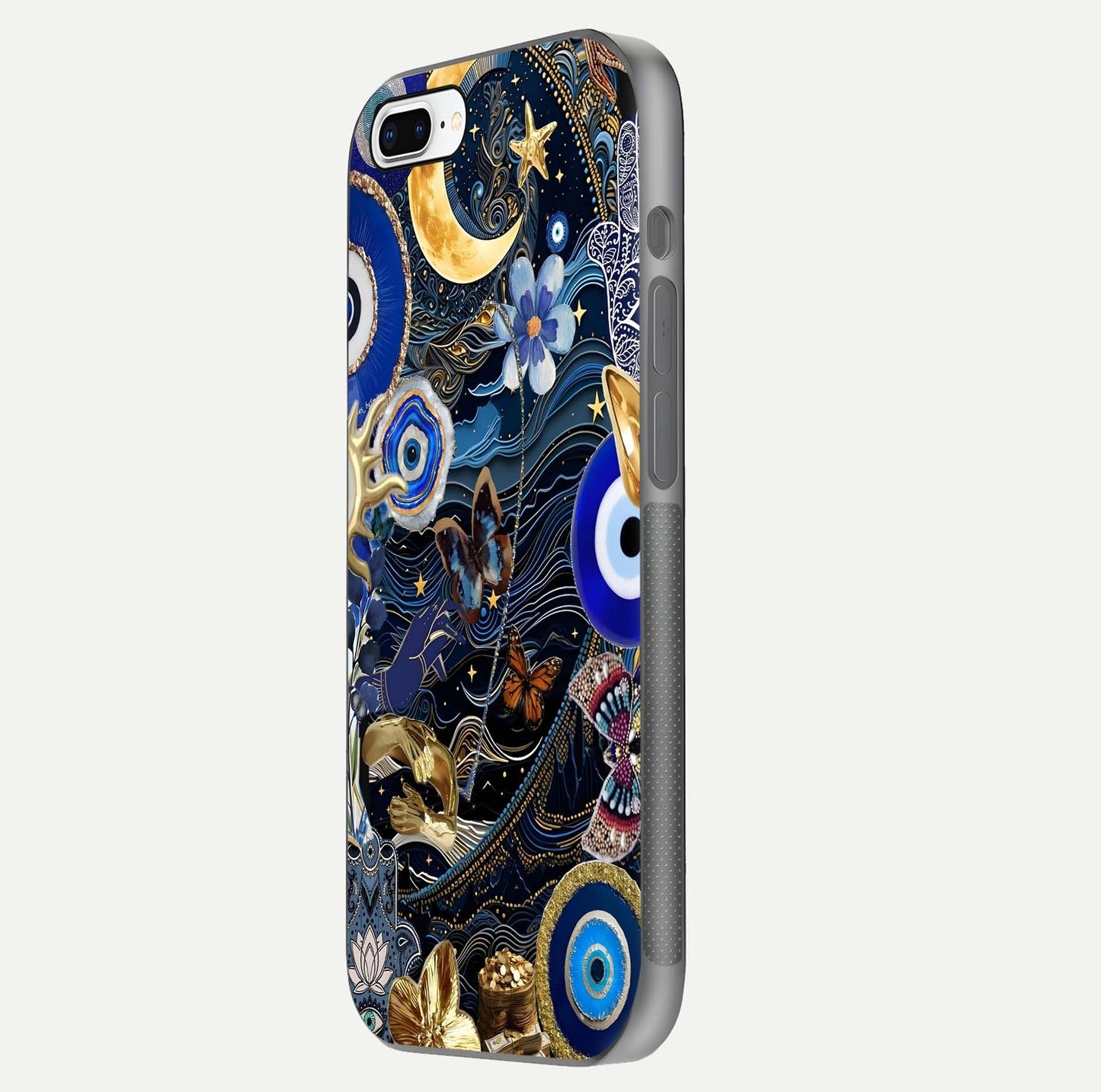 Golden Moon Magic Glass Case for iPhone 7 Plus side-angle image showing reflection glow, curved polish, and moon detail