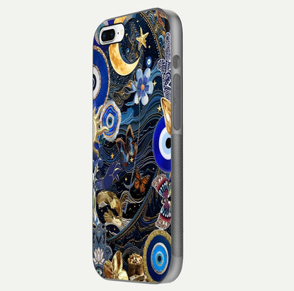 Golden Moon Magic Glass Case for iPhone 7 Plus side-angle image showing reflection glow, curved polish, and moon detail