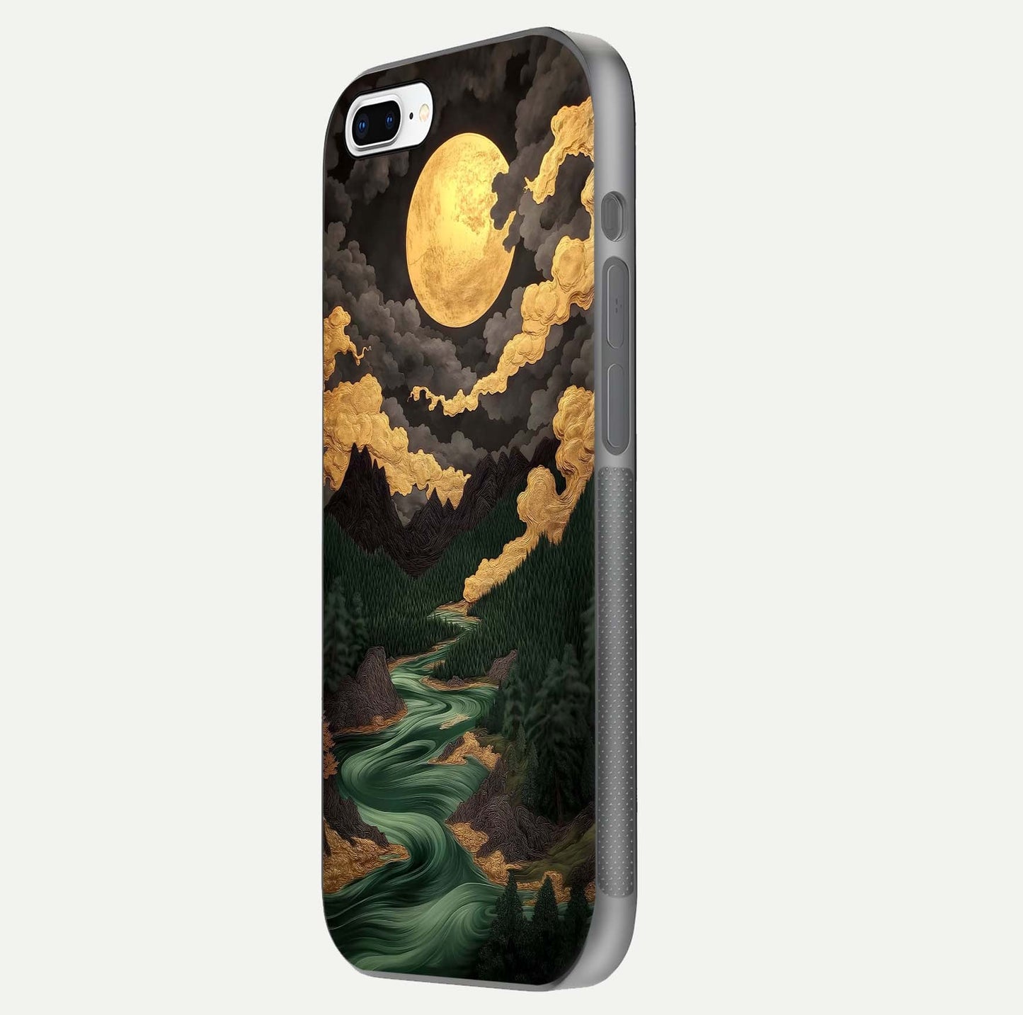 Golden River Moon Glass Case for iPhone 7 Plus side-angle image showing reflection clarity and detailed nightscape