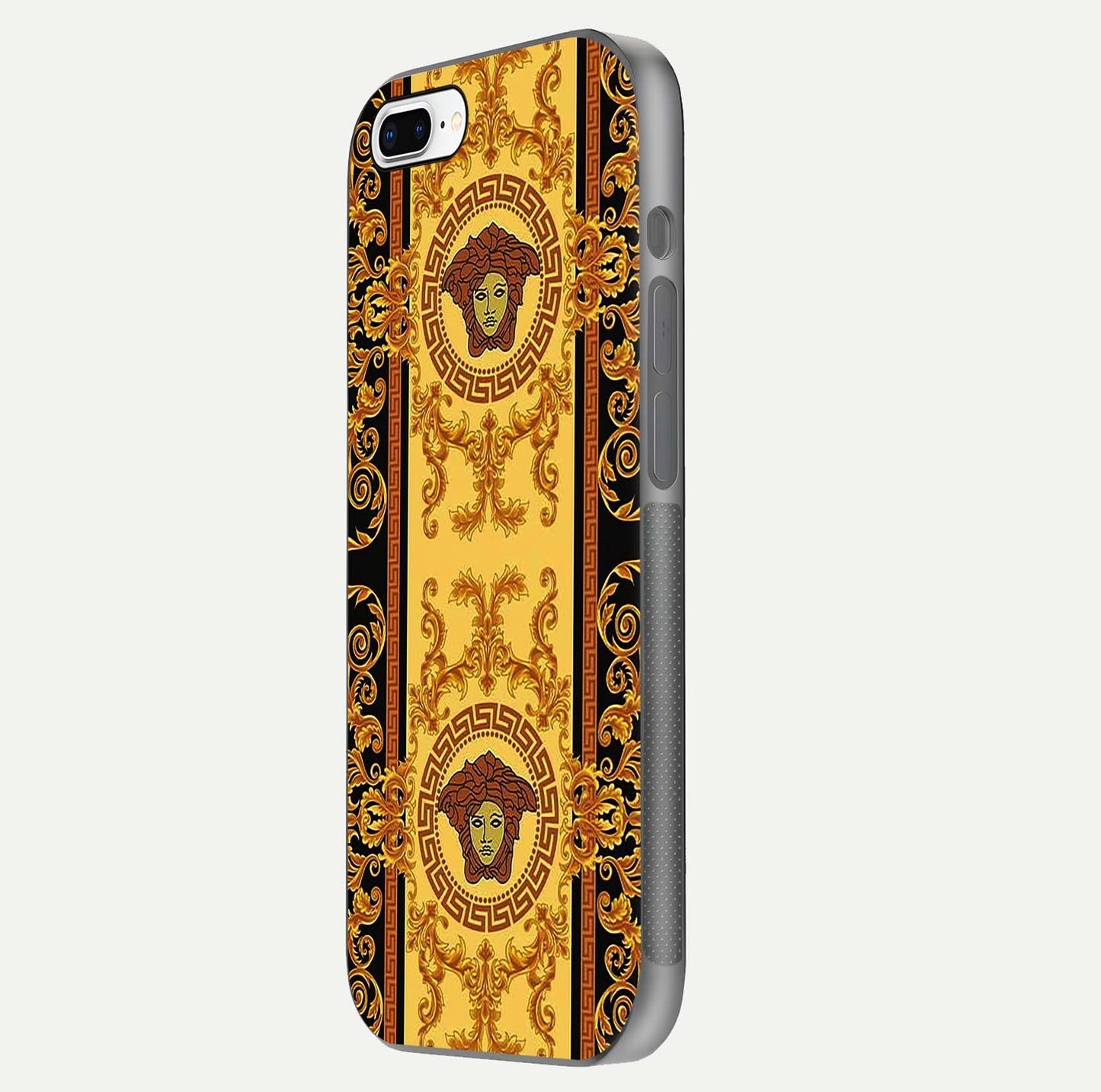 Golden Royal Heritage Glass Case for iPhone 7 Plus side-angle image showing reflection glow and luxury detailing