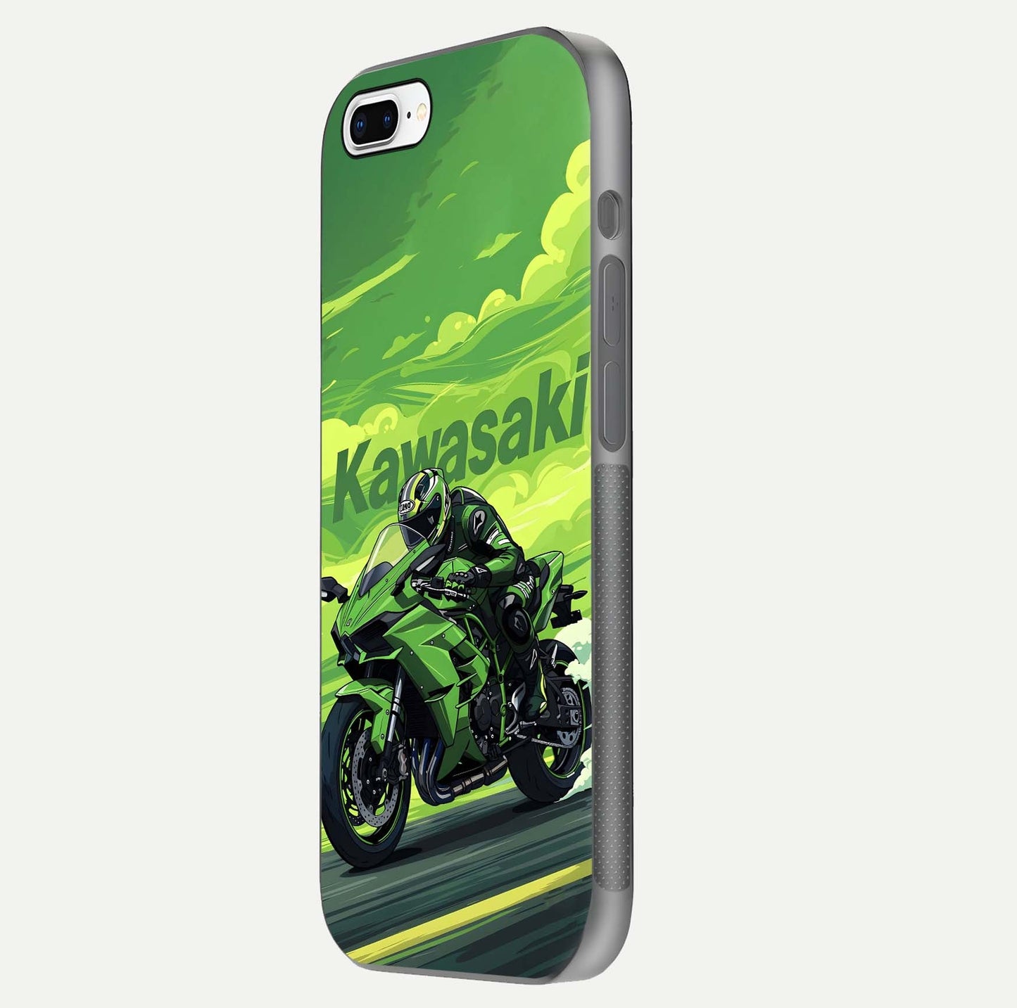 Green Kawasaki Glass Case for iPhone 7 Plus side-angle image showing reflection depth and metallic green accent