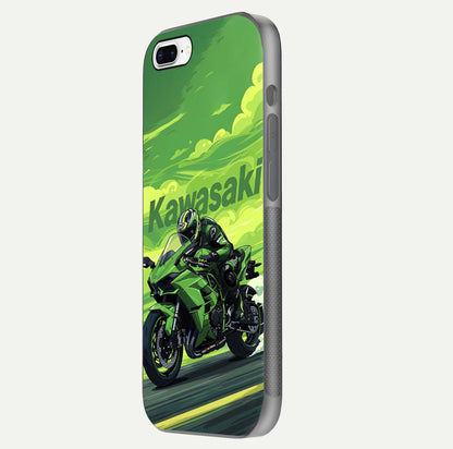 Green Kawasaki Glass Case for iPhone 7 Plus side-angle image showing reflection depth and metallic green accent