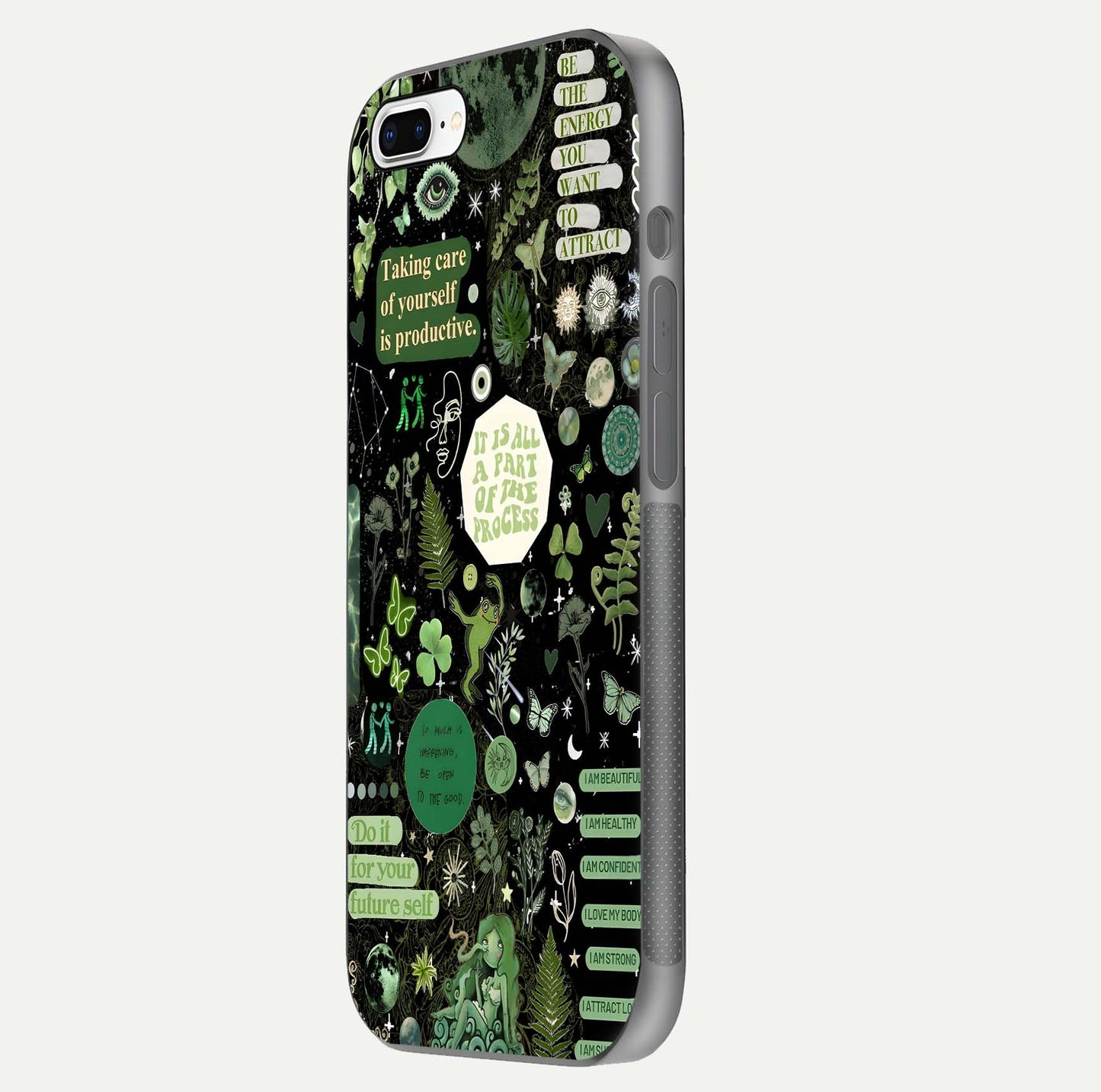 Green Moon Energy Glass Case for iPhone 7 Plus side-angle image showing reflection brilliance and curved finish