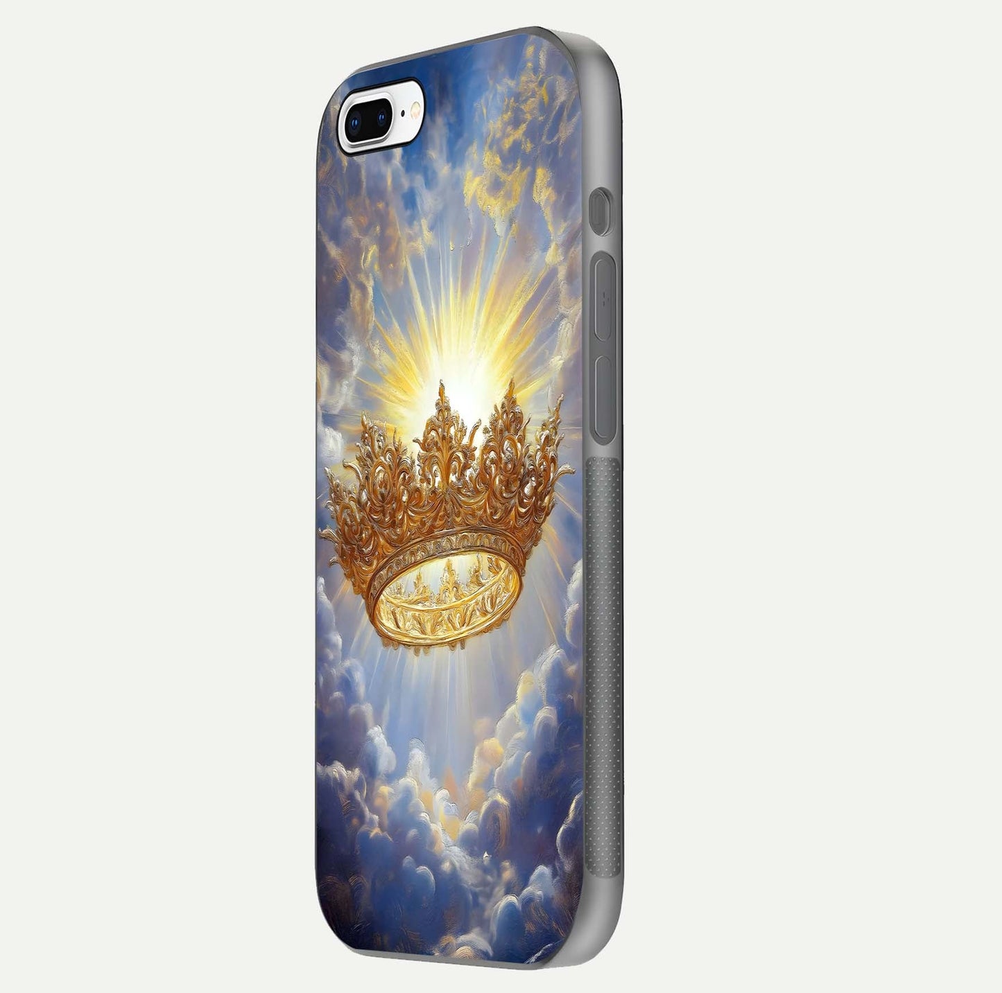 Heavenly Crown Light Glass Case for iPhone 7 Plus side-angle image showing reflection brilliance and elegant divine art