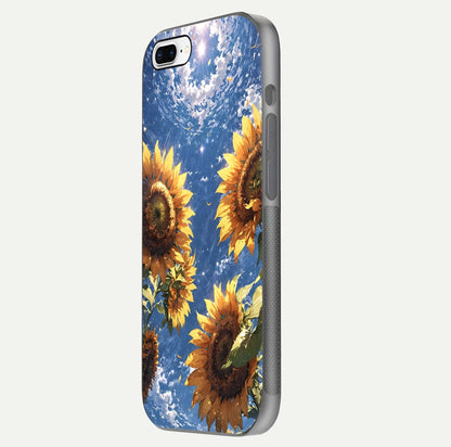 Heavenly Sunflower Rise Glass Case for iPhone 7 Plus side-angle image showing reflection glow and soft yellow tone