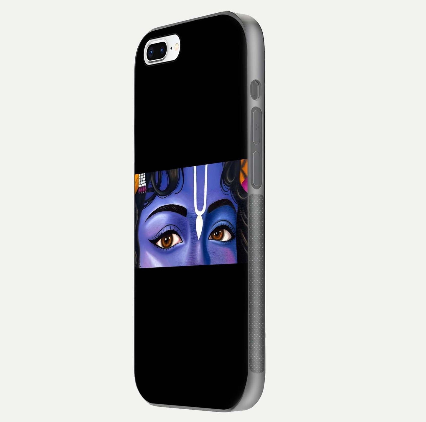Krishna Eye Glass Case for iPhone 7 Plus side-angle image showing reflection clarity and Krishna symbol design