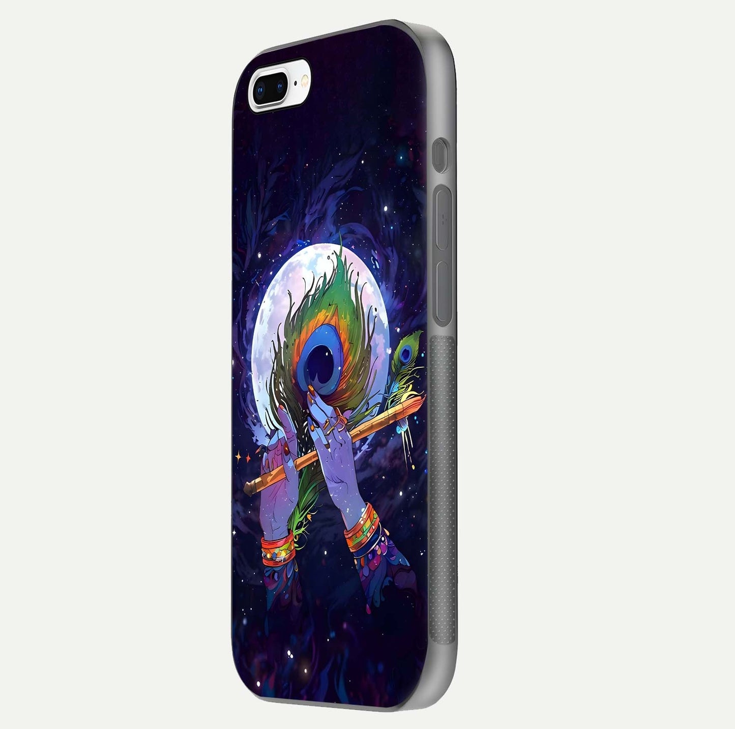 Krishna Hands Art Glass Case for iPhone 7 Plus side-angle image highlighting reflection brightness and vivid print