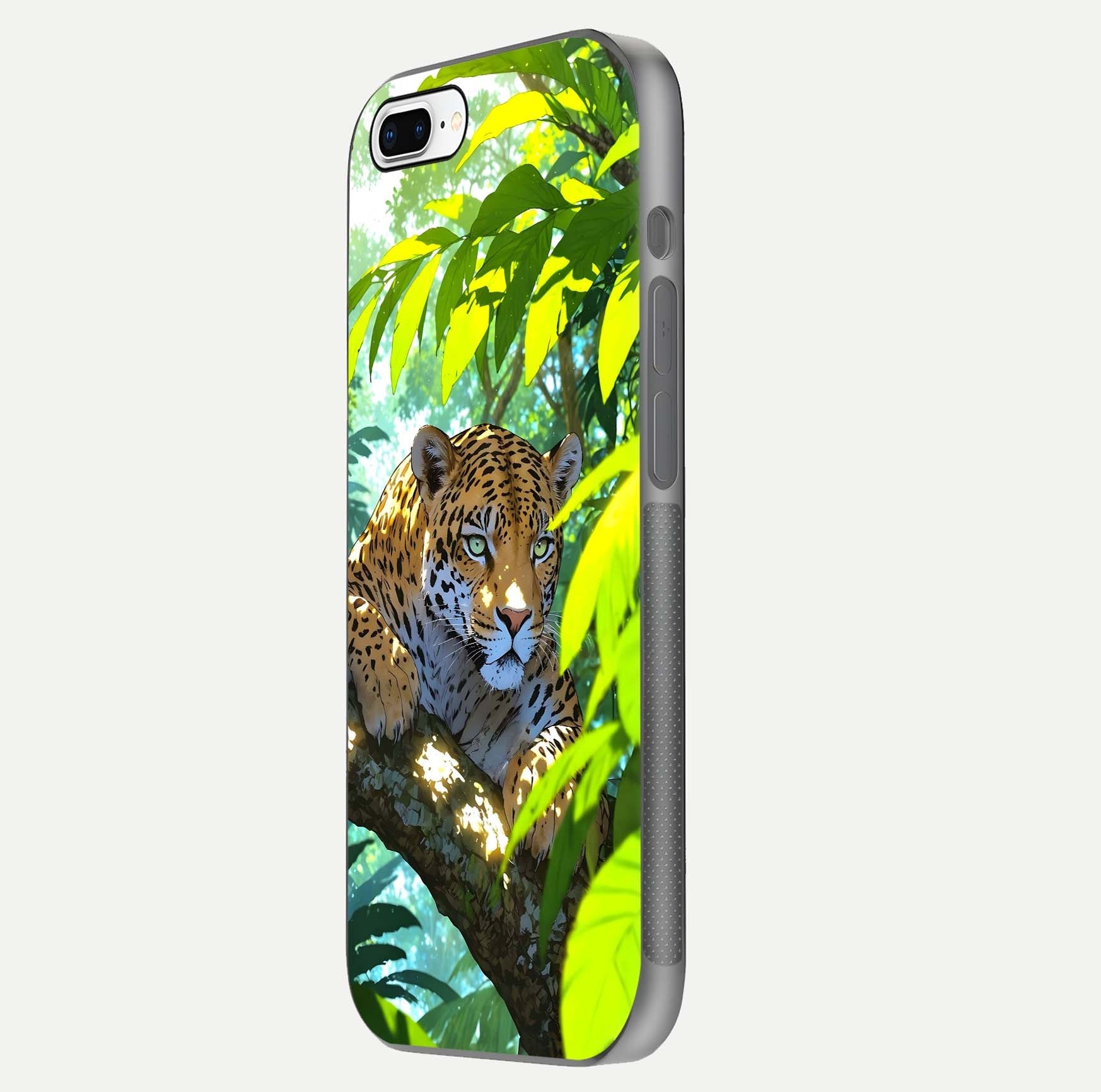 Leopard in Jungle Glass Case for iPhone 7 Plus side-angle shot emphasizing contrast and fierce design clarity