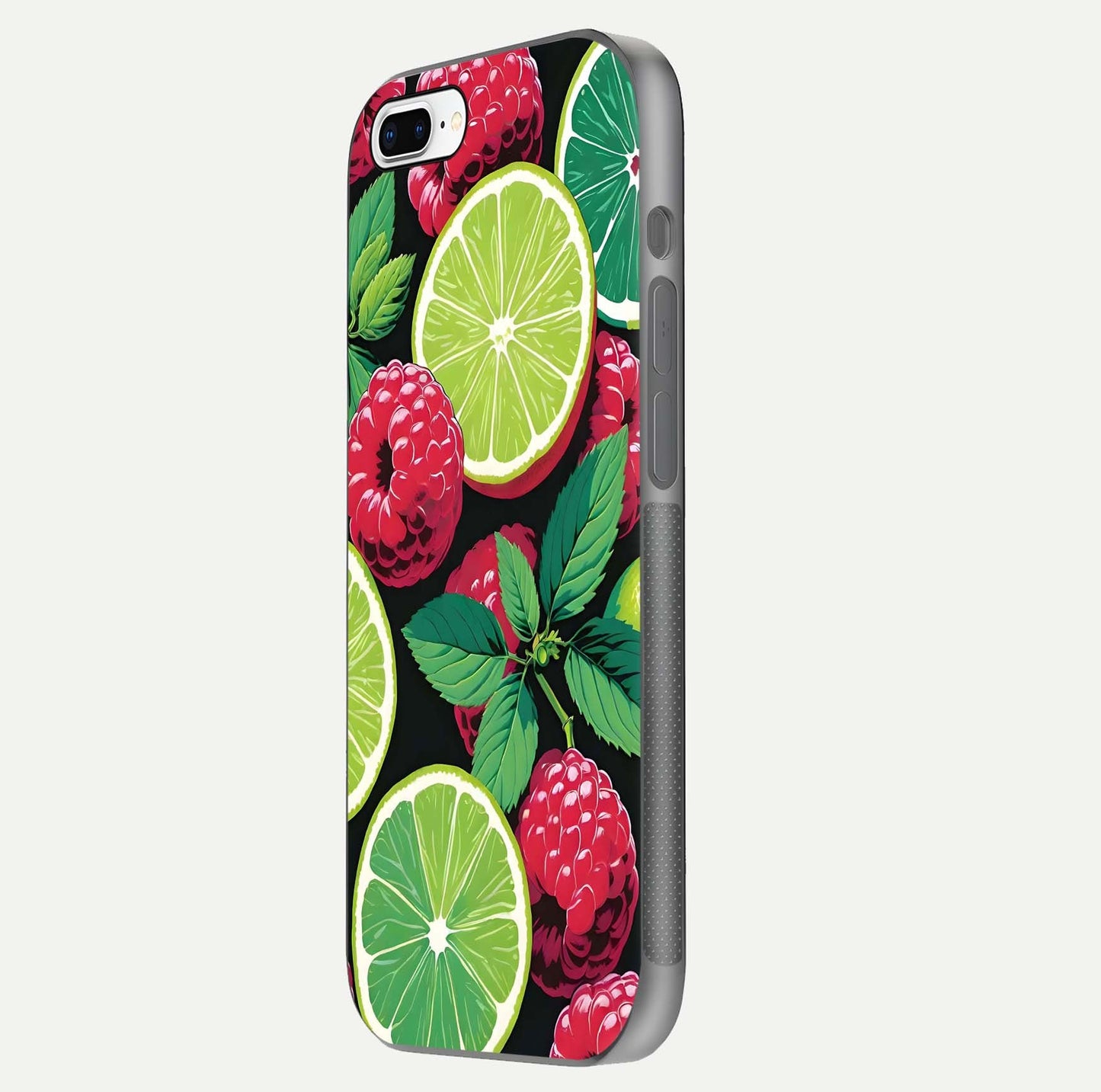 Lime and Raspberry Pattern Glass Case for iPhone 7 Plus side-angle view revealing colorful fruit artwork details