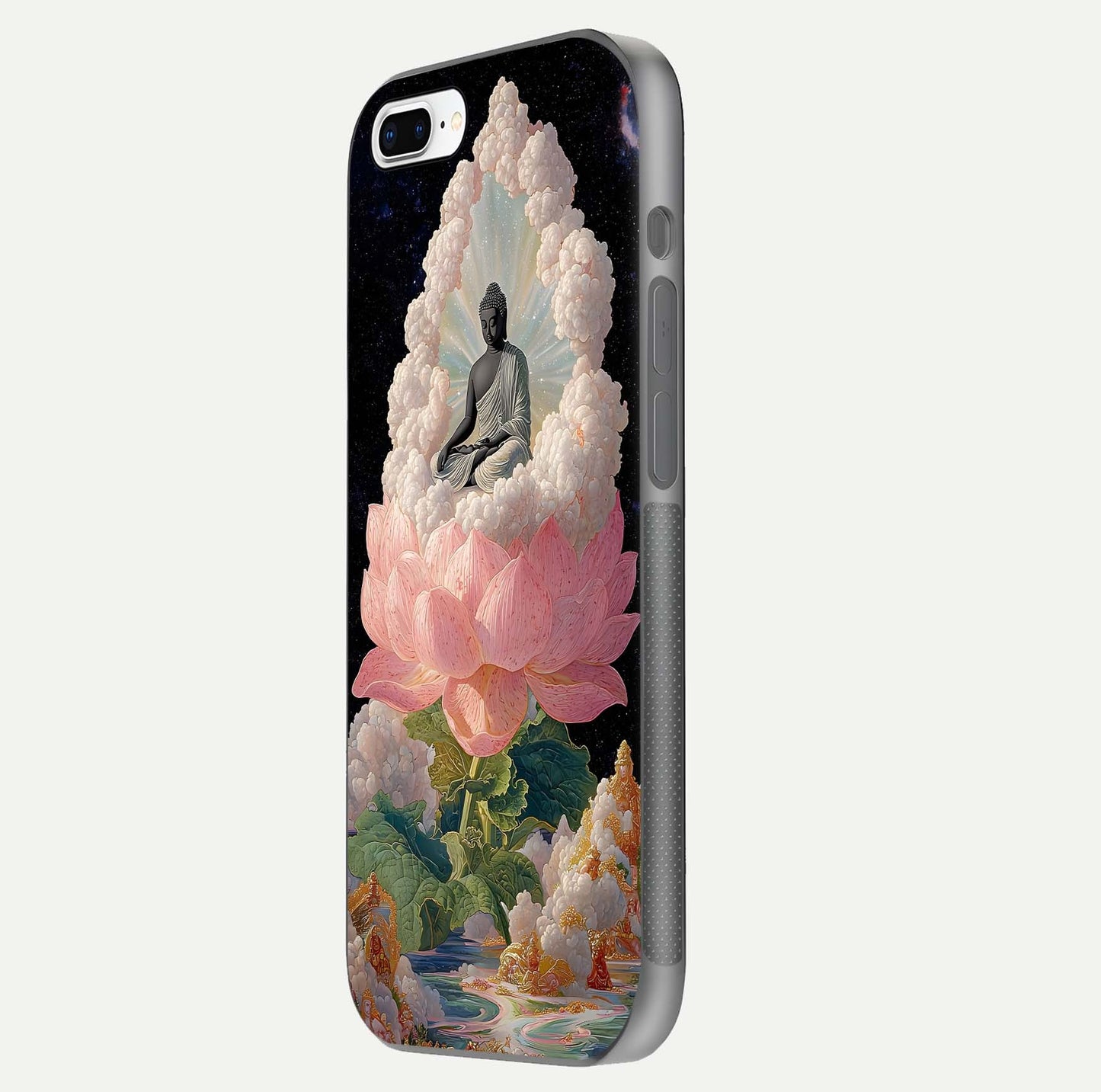 Lotus Divine Peace Glass Case for iPhone 7 Plus side-angle shot showing elegant shine and floral symmetry