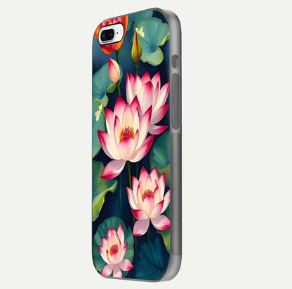 Lotus Dream Serenity Glass Case for iPhone 7 Plus side-angle image revealing reflection clarity and calm tones