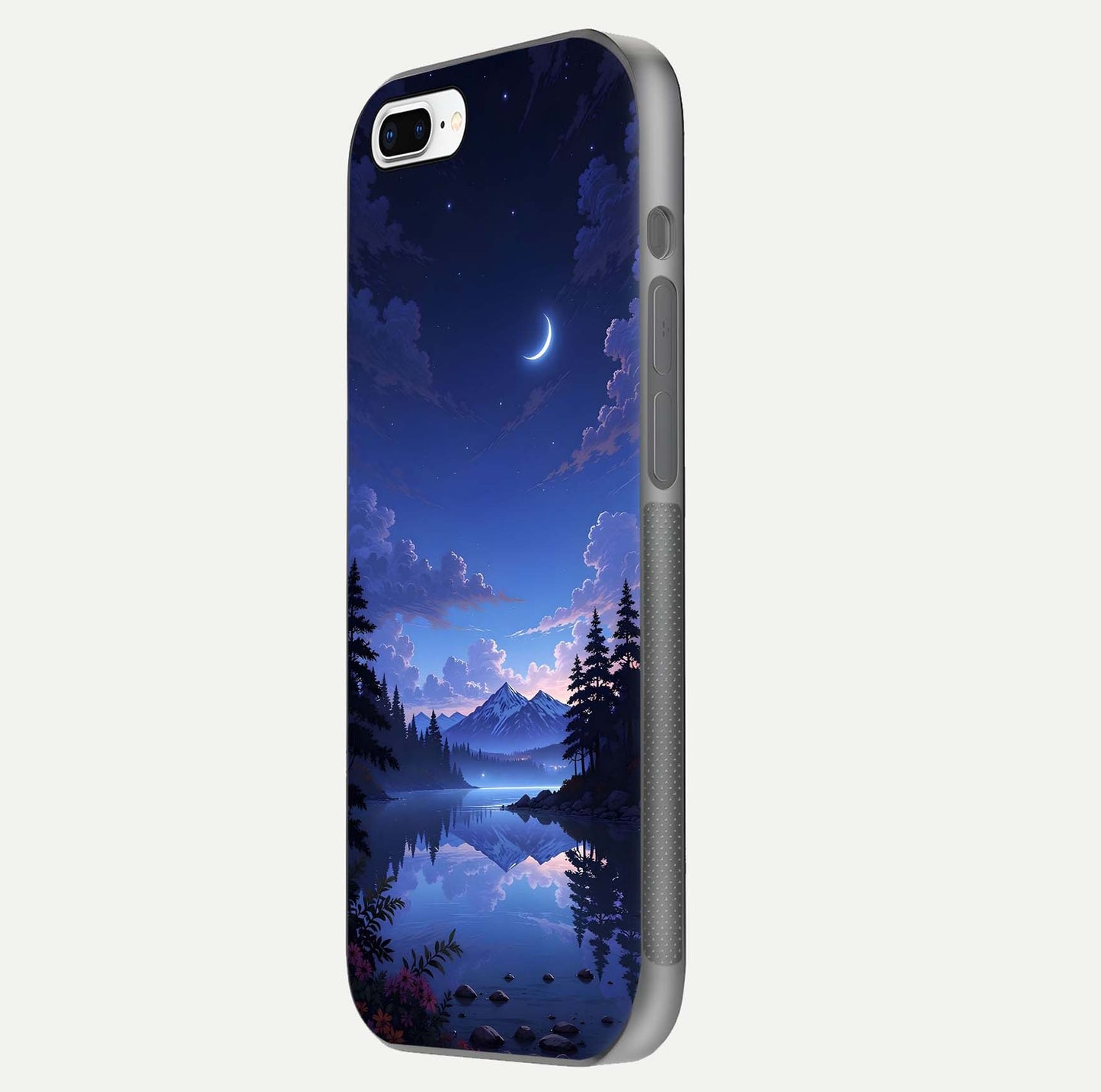 Midnight Lake Peace Glass Case for iPhone 7 Plus side-angle image showing HD shine and tranquil color tones